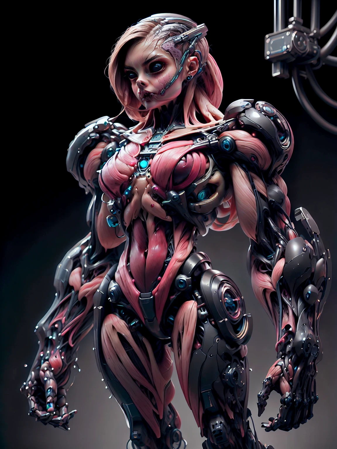 (1 girl), (cara delevingne), (muscular android girl wearing a black anatomic cybernetic muscle suit:1.25), (wide shoulders:1.25), (muscular defined physique:1.25), perfect hands, long hair, large breasts, looking at viewer, high resolution image, extreme detail, blank background