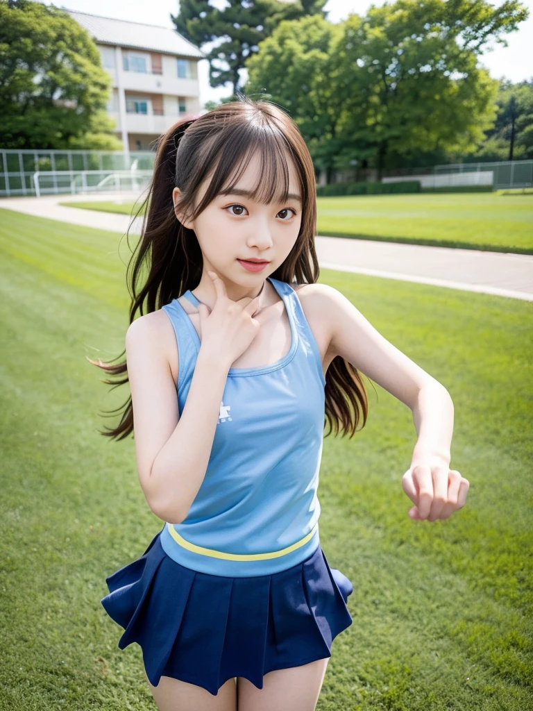 (masterpiece, highest quality:1.4), Award-winning portraits, 8k, 85mm, alone, Beautiful Face, Delicate girl,  (Cheerleader、On the grass), Sophisticated, cute, 15 years old, RAW Photos, Confused, High resolution, Sharp focus, Background blur、(((Flat  、thin and delicate body、Childish atmosphere)))、shiny semi-long hair、ponytail、Mole on the left cheek、 Dark blue eyes、High Kick、the skirt is swaying in the wind、Hair swaying in the wind、sexy、Flexible legs