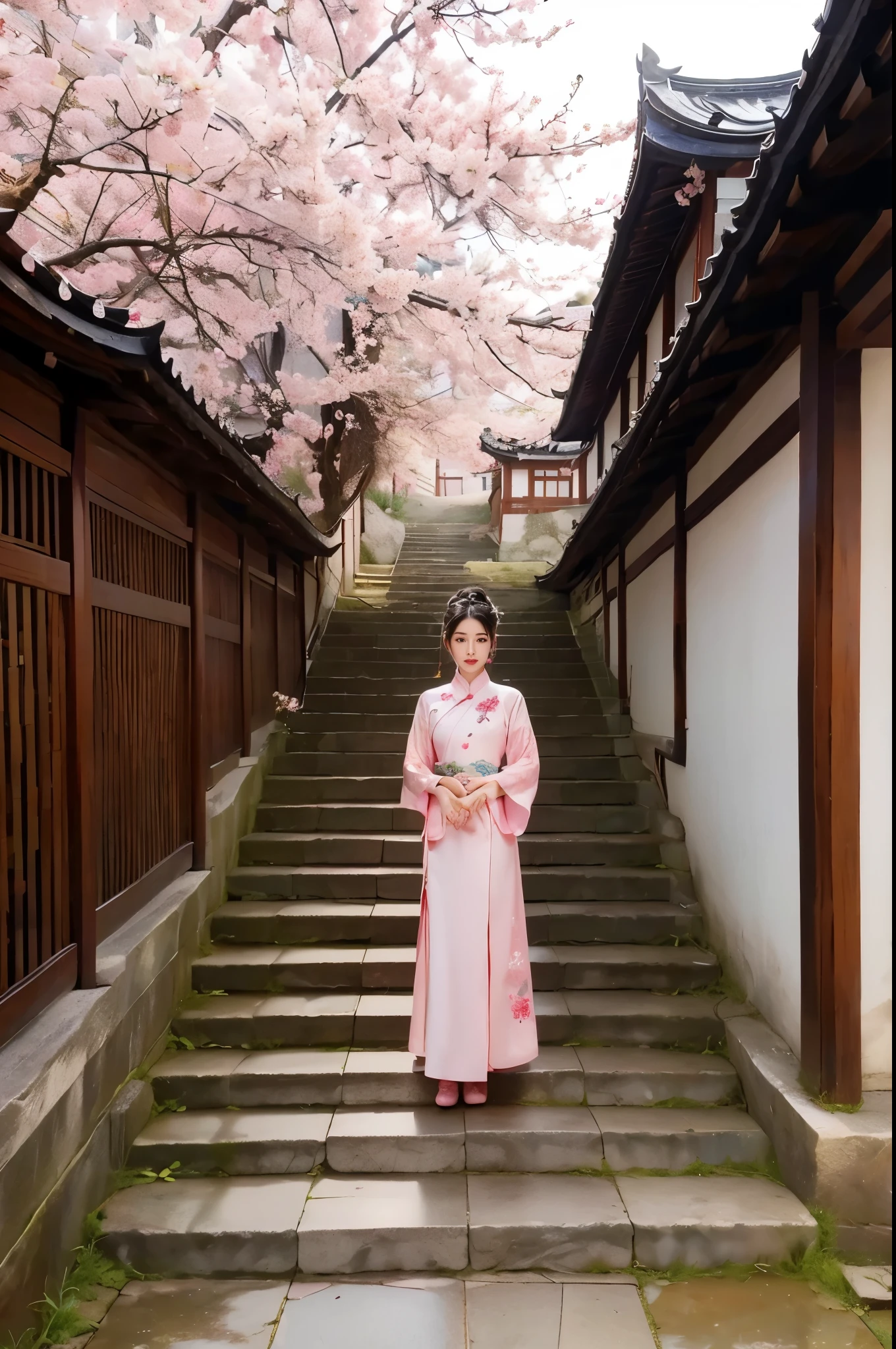 Girl wearing pink antique long cheongsam，Turn your head 45 degrees to the left，Direct vision，Very delicate face，Body slightly tilted to the right，The left foot is in front，The right foot is behind，Hands together，Black curly hair，Style reference: Sword King 3，folk-custom，Ancient style classical style，Beauty Mage，The background is a split-level loft，Cherry blossoms blooming next to，Stone floor underfoot，Behind is the stone steps，Design and costumes from Honor of Kings Zhen Ji&#39;s Garden Dream，Inspiration: Song Maojin，Elegant Numbers，Beautiful full body concept art，Beautiful digital artwork，Flowing cherry blossom silk, Chen Lin, Rob Ray and Kentaro Miura style, inspired by Fenghua Zhong, by Qu Leilei, by Lengmei, by Li Song