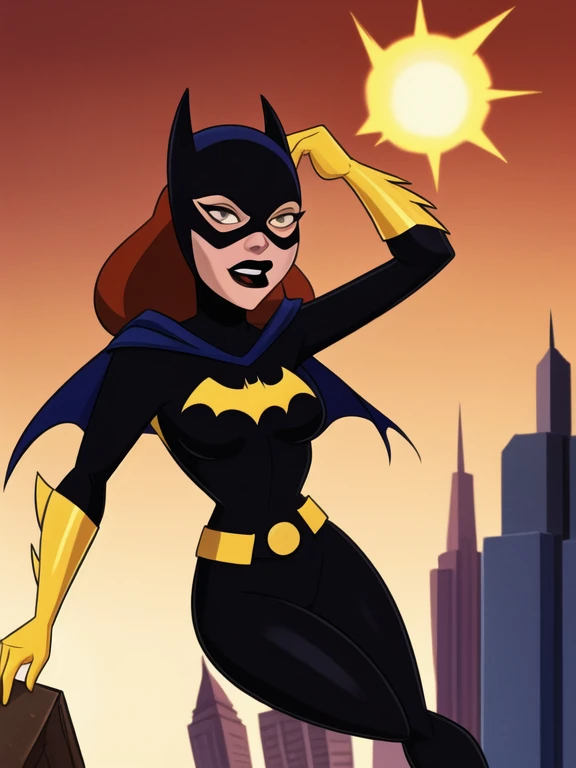 score_9, score_8_up, score_7_up, score_6_up, 1girl, solo, batgirl is running in front of an explosion, mask, black lips, red hair, belt, torn bodysuit, black bodysuit, sideboob, pointy breasts, cape, yellow gloves, gotham city, red sky, dirigible, bloom