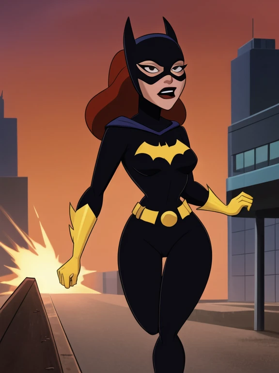 score_9, score_8_up, score_7_up, score_6_up, 1girl, solo, batgirl is running in front of an explosion, mask, black lips, red hair, belt, torn bodysuit, black bodysuit, sideboob, pointy breasts, cape, yellow gloves, gotham city, red sky, dirigible, bloom