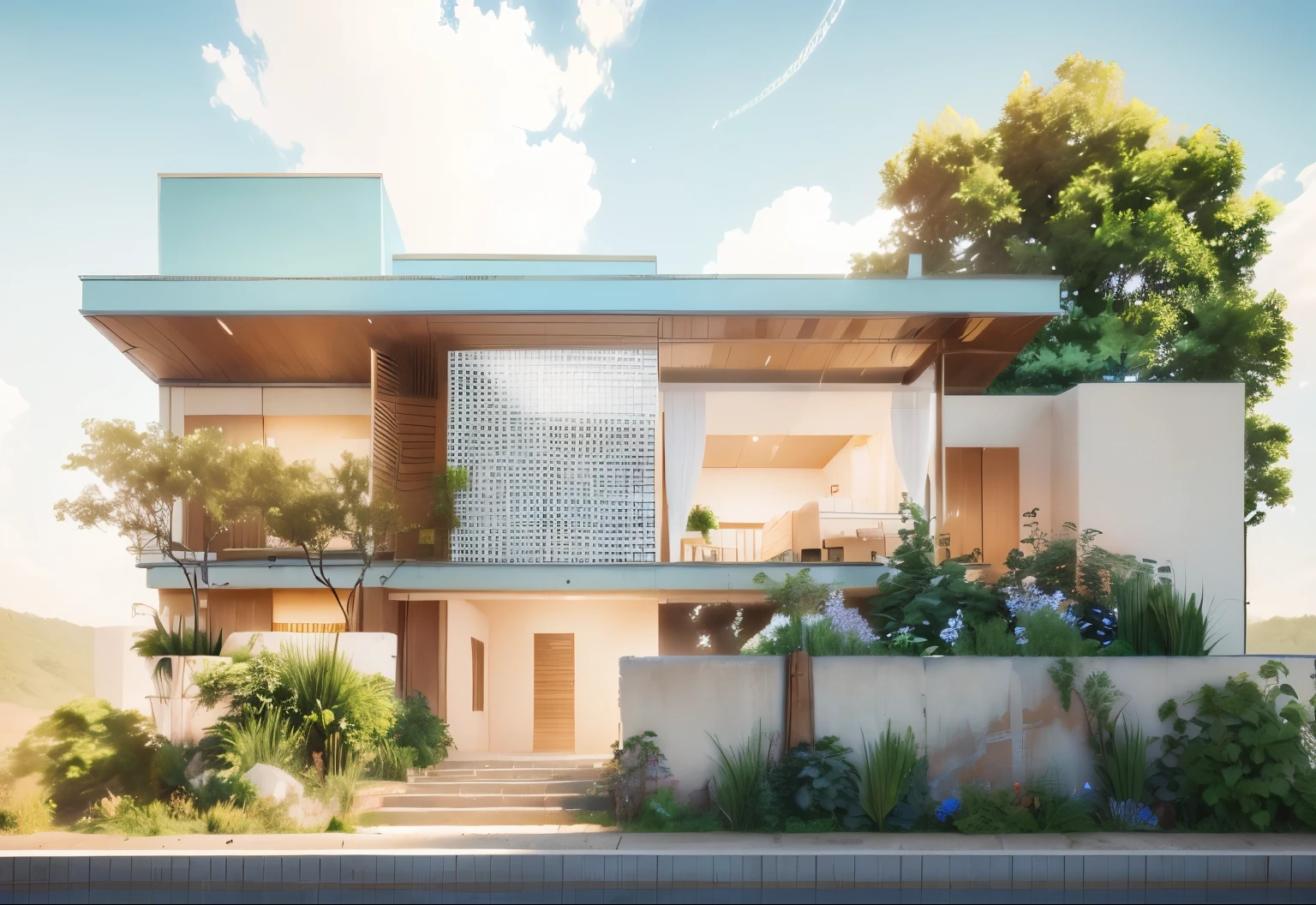 un rendu d&#39;une maison moderne avec beaucoup de plantes, maison conceptuelle, rendu architectural, visualisation architecturale, rendu architectural 3D, rendu architecturaling, high quality rendering, realistic architecture, Award-winning rendering, visualisation architecturale, rendu professionnel, maison contemporaine, Beautifully detailed rendering, made natural and realistic, notions architecturales, Photorealistic rendering, rendre à la perfection résolue