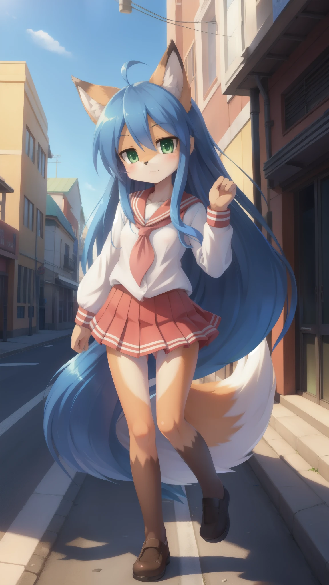 Konata Izumi, furry female, fox girl, orange body fur, blue hair, long hair, green eyes, ((school uniform)), small breasts, detailed body fur, detailed body, detailed face, detailed eyes, glistering body, shiny body, skinny, :3, solo, body fur, (best quality), cinematic lighting, anime style, full body, feets with three toes, street, clear sky,