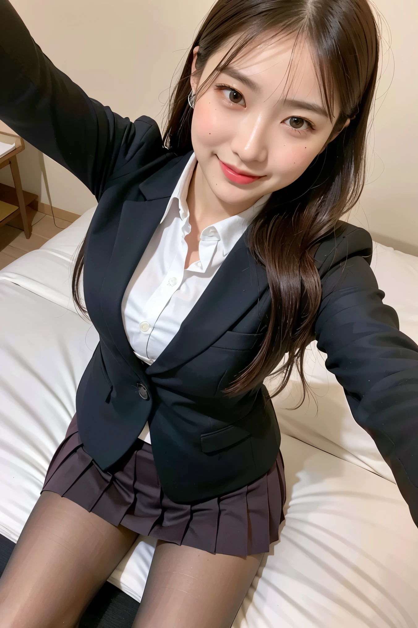 (8k), (highest quality: 1.2), (Realistic), (Realistic: 1.37), Ultra-high resolution, 1 girl, cute, smile, Mouth closed,(Red Lip:1.2), Beautiful details, (blush:1.2),Beautiful Nose, Wet Hair,ponytail, Giant Dulcefo, pork, Thighs，Selfie,University Student Uniform,A simple blazer,Pleated skirt,Are standing,Opaque tights,(8k), (highest quality: 1.2), (Realistic), (Realistic: 1.37), Ultra-high resolution, 1 girl, cute, smile, Mouth closed, Beautiful details, Beautiful Nose, Wet Hair, Giant Dulcefo, pork, Thighs，Selfie,University Student Uniform,A simple blazer,Pleated skirt,Opaque tights,bed,Spread your legs ,Skirt Lift, From above
