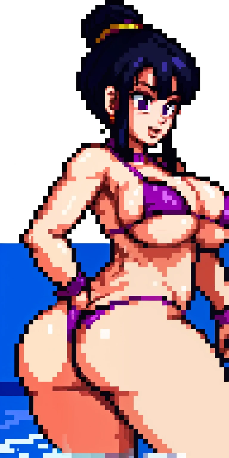 Chichi dragon ball, chichi_dbz, nsfw, pixelart, pixel art, red bimbo lips, beautiful eyes, sitting_inside_pool, dbz, purple eyes, standing, solo, large_breasts, humongous_breasts, huge_ass, wearing_micro_bikini, skimpy, skimpy_clothing, semi_nudity body, thong, nipples, thickest_thighs, 2nipples, wet body, sweaty body, naked, masterpiece, best quality, detailed face, detailed eyes, highres, big breasts, biggest_behind, 2nipples, nipples, areola_under_bikini, big_ass, thick_thighs, wide_hips, tight_thong, buttcrack_showing_ass, perfect_body, perfect_clothing,