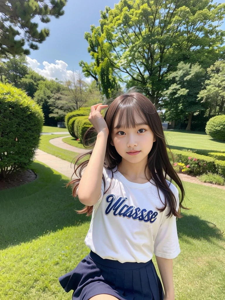 (masterpiece, highest quality:1.4), Award-winning portraits, 8k, 85mm, alone, Beautiful Face, Delicate girl,  (Cheerleader、On the grass), Sophisticated, cute, 15 years old, RAW Photos, Confused, High resolution, Sharp focus, Background blur、(((Flat  、thin and delicate body、Childish atmosphere)))、shiny semi-long hair、ponytail、Mole on the left cheek、 Dark blue eyes、High Kick、the skirt is swaying in the wind、Hair swaying in the wind、sexy、Flexible legs