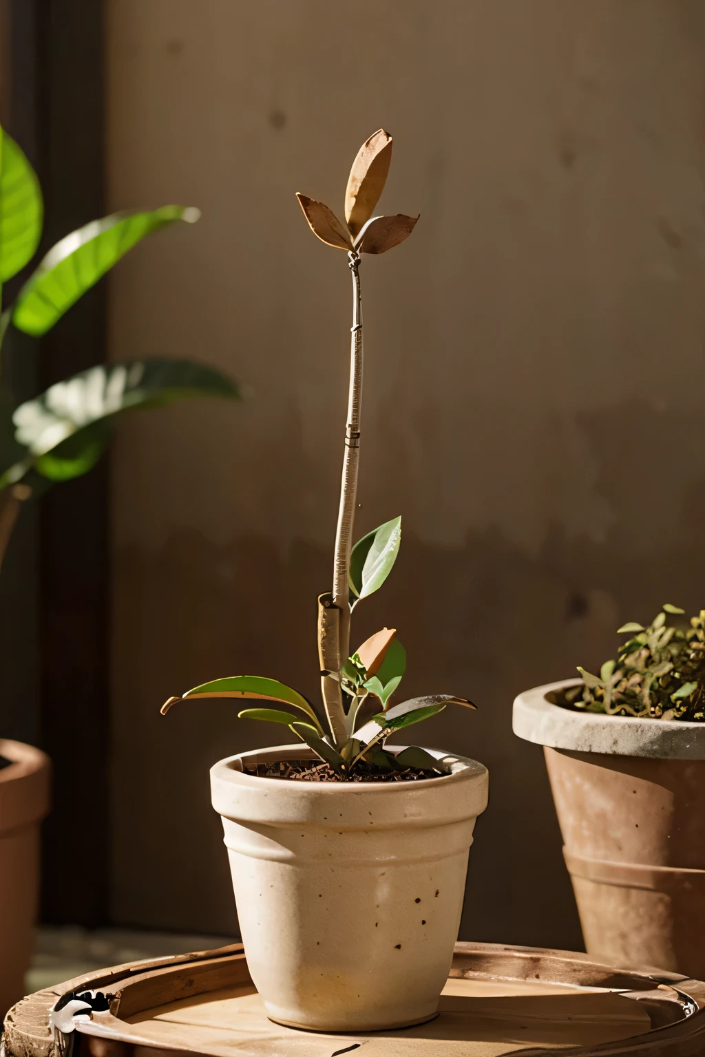 Cinnamon plant on a pot blurred background