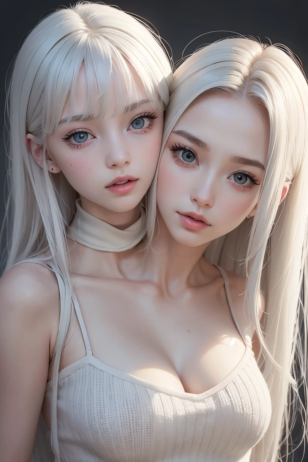 best quality, 8k, RAW photo, (2heads:1.3), extreme close-up, hair filling background, heads next to each other, looking at viewer, incredibly absurdres, extremely detailed, slender, white, white hair, baby-faced adult white woman, no makeup, excited look, wearing ivory fluffy long-pile knit long dress, perfect proportions, straight hair, (wind, wind-effect)