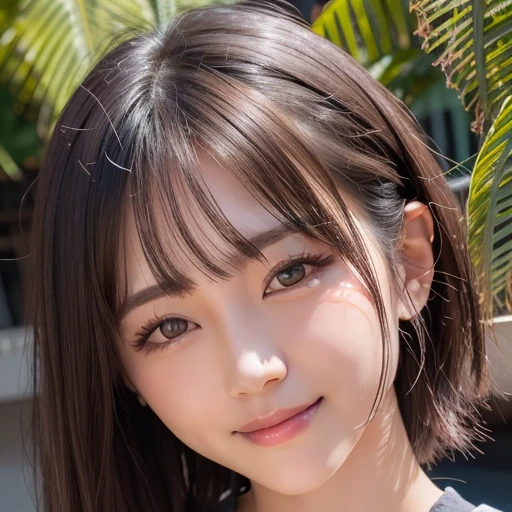 8k、highest quality、Face Up、Very detailed、High resolution、Small breasts、Thin lips、Detailed face、Cute Smile、Cute Japan female idol、Cute 24 year old beauty、Beautiful and elegant face、Cute face、Natural Bangs、Well-groomed, arched, thin eyebrows、((Large, balanced eyes))、Cute eyes、Beautiful thin nose、Beautiful Skin、Fair skin、Medium Bob Hair、Natural Bangs、Slim face、Beautiful clavicle、Slender figure、（A kind smileでカメラを見て)、(Lighting the face)、Bright lighting、Professional Lighting、Forward lighting、A kind smile、Lighting the face、