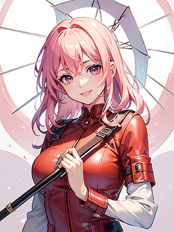 Pink hair girl holding an umbrella, Red lip shine, 8k, Ultra HD, ultra Detailed texture, hyper Practical, masterpiece, Detailed texture, Delicate face, Delicate skin, Detailed lighting, (photoPractical:1.5), best quality, Beautiful Lights, Movie Lighting, Professional lighting, Ultra-high resolution, Practical, Detailed hair, Real hair, high quality, (Genuine Leather:1.5), Extremely detailed, Fine details, Super detailed, Smile