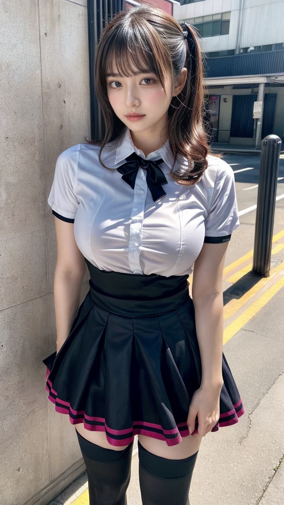 muster piece, best quality, illustration, Super detailed, fine details, High resolution, 8K,wall paper, perfect dynamic composition,(Details High quality, realistic depiction of eyes:1.3), standing, short hair, (wavy hair:1.2), (short sleeve collared dress shirt,tight skirt,thighhighs,zettai ryouiki:1.4), black hair color, Big Natural Color Lip, bold sexy pose, crying a little、cold gaze, Harajuku style、acrobatic pose, 20 year old girl、cute type、ta、beautiful legs, gravure idol, Japanese idol, huge breasts