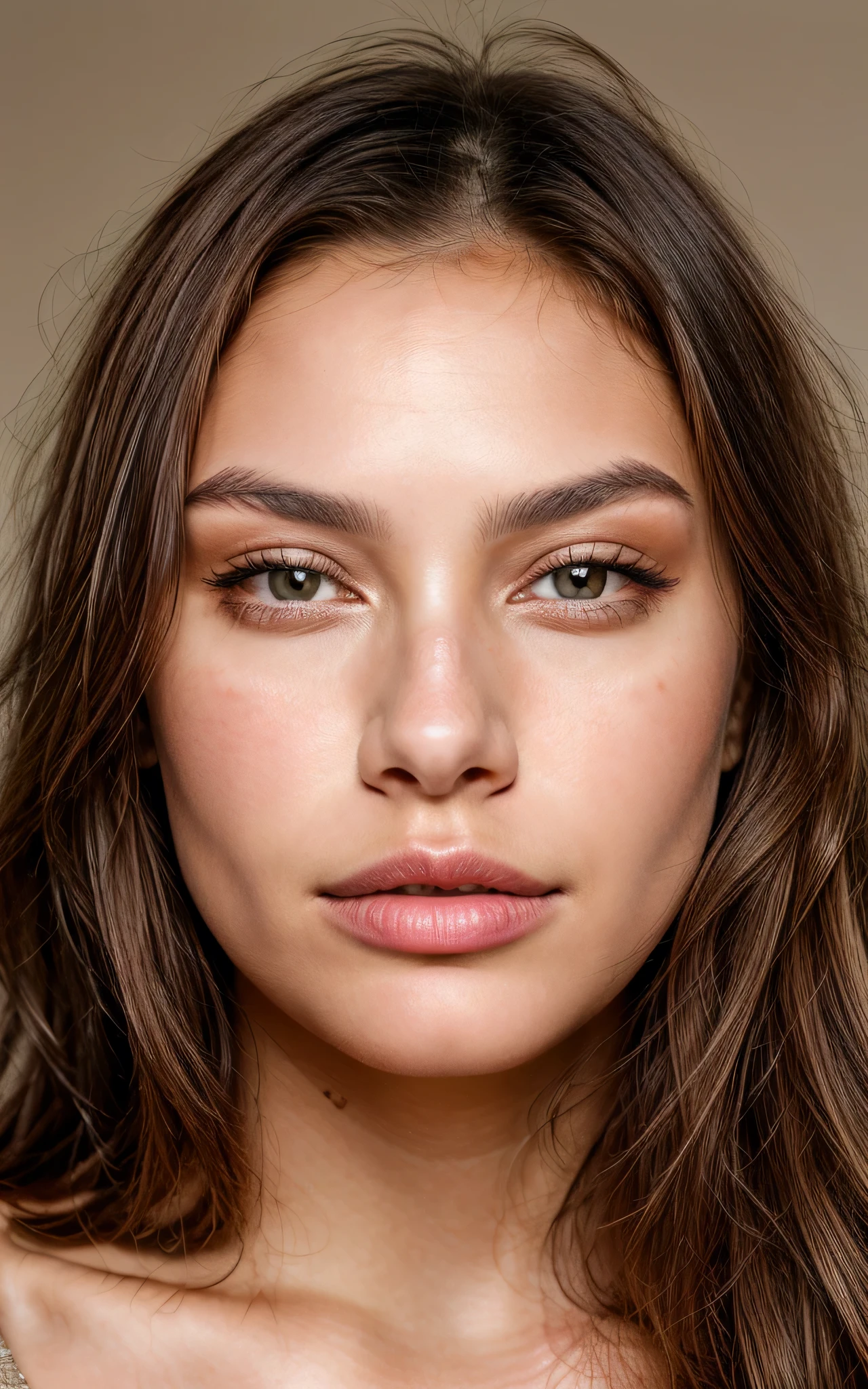 photo, directly at the camera, 24 year old woman, slightly plump face, large lips, long light-brown hair, brown eyes, very realistic looks straight into the camera (realistic, photorealistic) very textured skin, very textured coda, texture on the face, no hair on the face, big lips, small nose, vhe background is white, which brings out the details of her face, reflecting beauty and confidence very ultra-textured skin, very textured skin, hyper texture on the face, no hair on the face, large lips, small nose , very beautiful, with Kazakh roots. Shot in Nikon D850 style with Nikkor 24-70mm f/3.