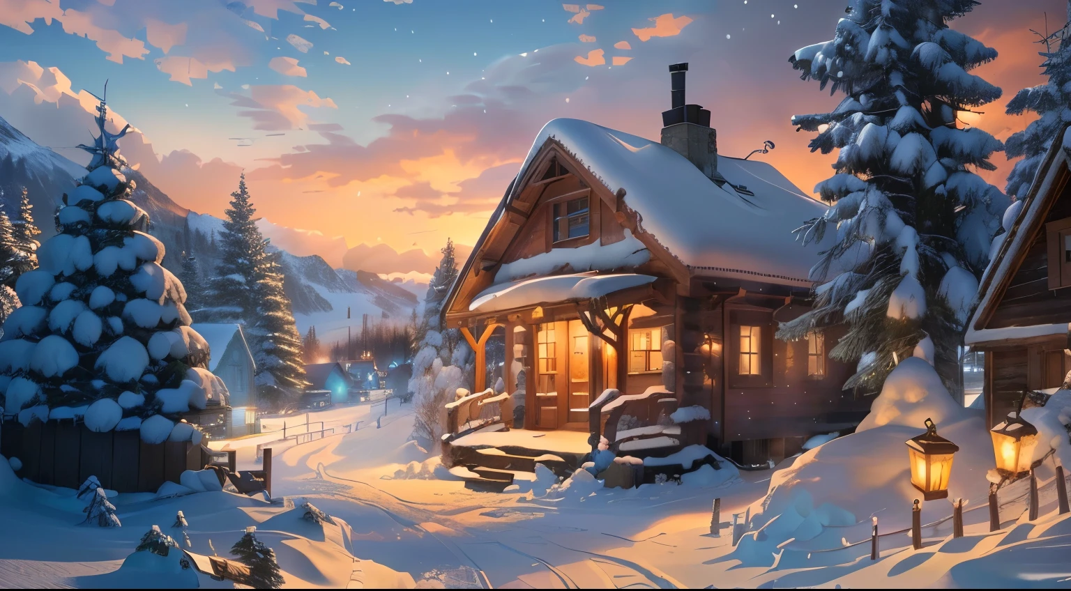 Snow Scenery Hut，Lanterns lit in the windows，Picturesque scenery, Winter concept art, Comfortable wallpaper, 4K Fine Digital Art, author：Franz Haage, 8k high quality detailed art, Detailed scenery —width 672, Anime Background Art, Warm home background, Snowy winter, 4k detailed digital art, Winter Environment, Beautiful art UHD 4K