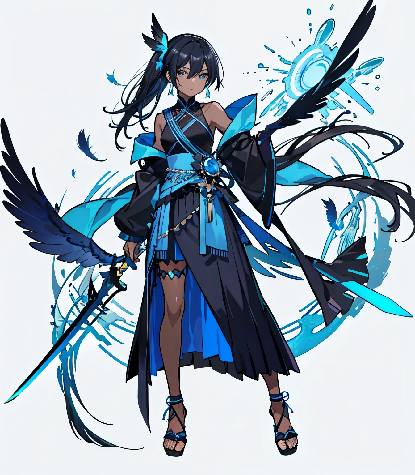 Black Hair, Black and blue bird-themed hair, Blue inner hair、Long Hair, Bright Blue Eyes, Jewel Eyes, Short jumper, Black clothes、Arm ribbon、Shoulder clothes, blue Earrings, 羽を模したEarrings、Earrings, Sandals, Sandals, Dignified, high quality, Written boundary depth, Beautiful woman, Long skirt, Mesh fabric skirt,Cool black and blue skirt、  (Long skirt), Blue feathers、(Long skirt:1.2)、Cool skirt composition、Cool smile、Dark Skin、Costumes with lots of strings hanging down、Black and blue theme、Blue feathersが飛び散る、Cool Effects、Fantasy、Black women、Dark Skin、Wear a sword on your waist、With a sword、Black Sword、Sword with blue ribbon