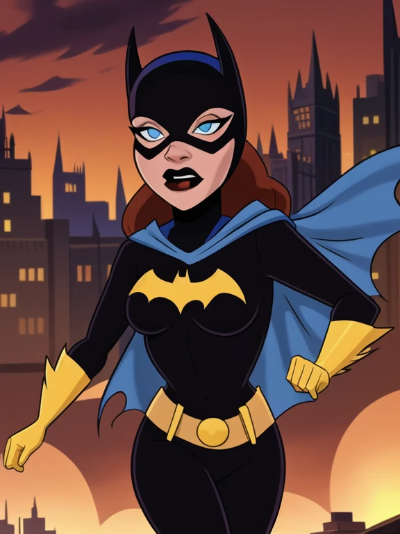 score_9, score_8_up, score_7_up, score_6_up, 1girl, solo, batgirl is running in front of an explosion, mask, black lips, red hair, belt, torn bodysuit, black bodysuit, sideboob, pointy breasts, cape, yellow gloves, gotham city, red sky, dirigible, (icy blue eyes)