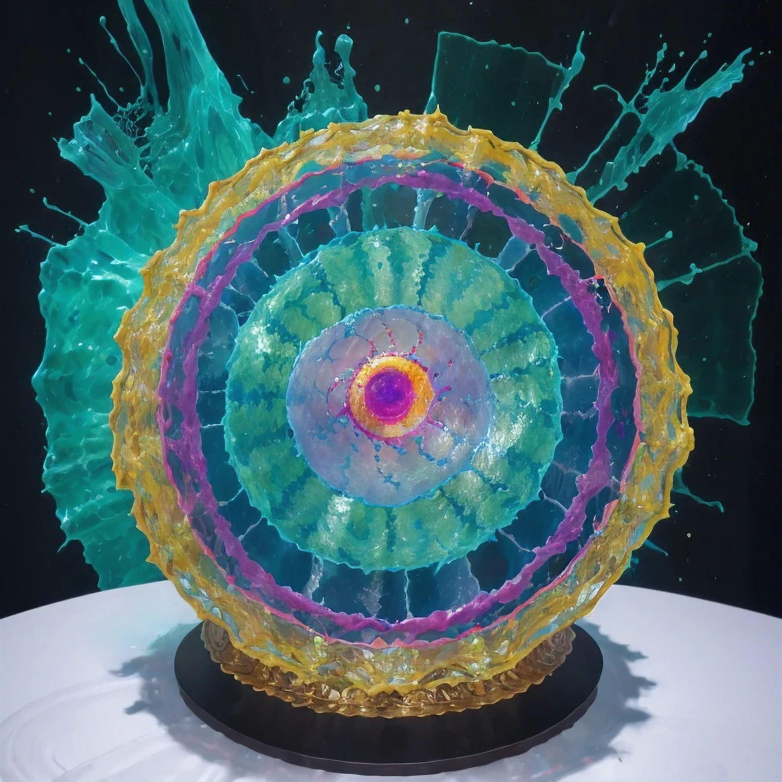 detailed armor, ornate headdress, samurai helmet（（（Dynamic rotating concentric circles）））（Dynamic rotation of concentric circles）Mandala is the result of the long journey of creating concentric circles of liquid color, there is a glass bowl with a green and purple swirl inside, simulacrum of a space fungus, alien flower, distant nebula are glowing algae, inspired by Otto Piene, inspired by Earnst Haeckel, top down extraterrestial view, covered with ferrofluid. dslr, translucent algae ornate, the eye of the universe, anatomical fractal，which interact through transparency, refraction, reflection, and collision. The ultimate goal is to showcase unique, detailed, and aesthetically pleasing images that capture the audience's attention through their initial visual impact and stunning details in liquid interactions，there is a cake with a red and yellow center on a blue plate, inspired by Otto Piene, victor antonov, culinary art photography, inspired by Graham Sutherland, colorful ferrofluid armor, inspired by Anish Kapoor, alexandra fomina, david kassan, by Jan Rustem, rudolf is hired, sergey krasovskiy, kai vermehr