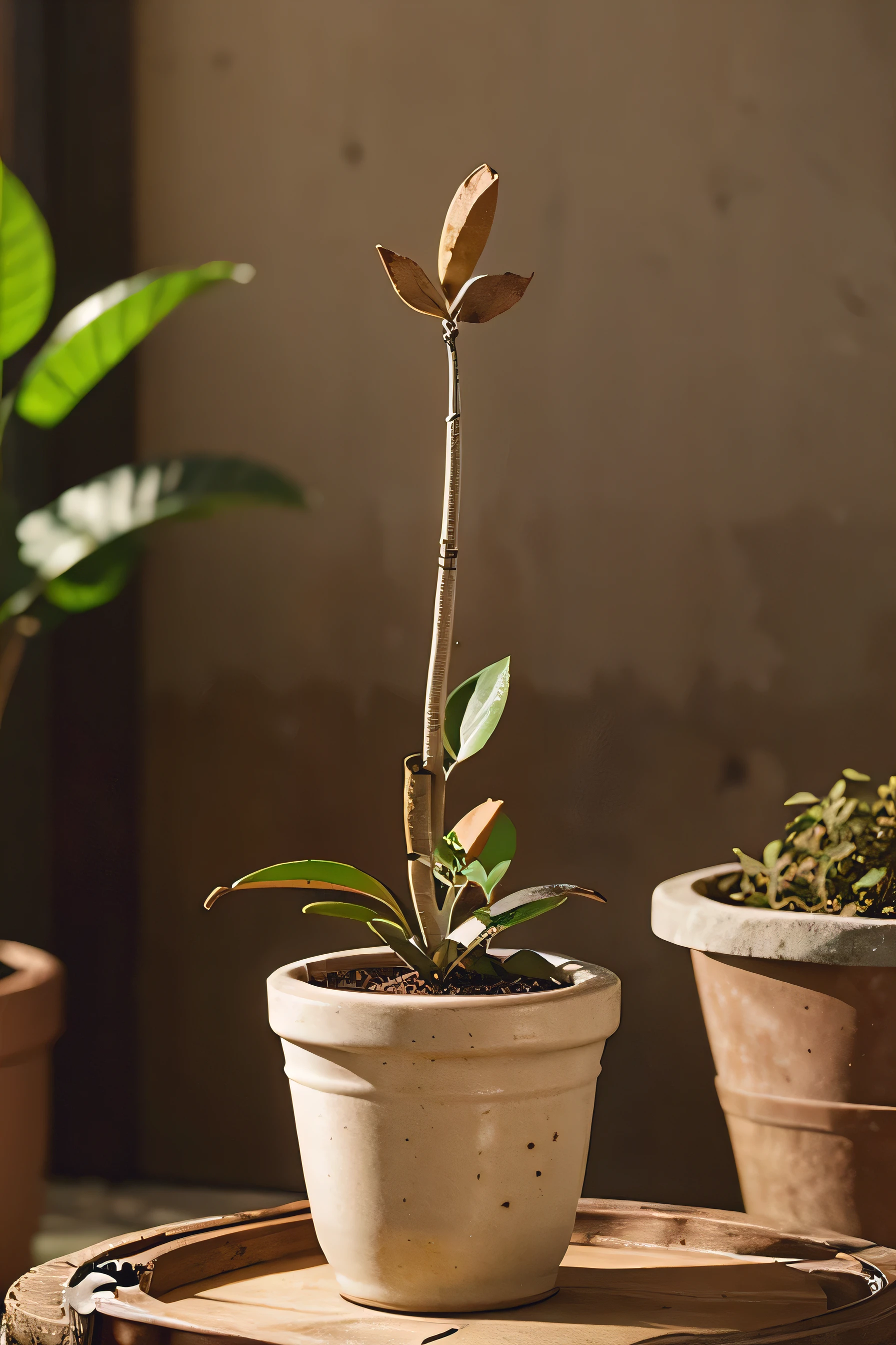 Cinnamon plant on a pot blurred background 