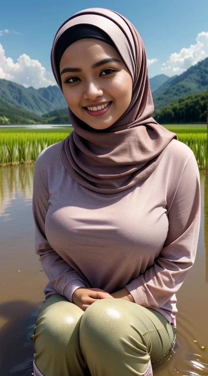 RAW, Best quality, high resolution, masterpiece: 1.3), beautiful Malay woman in hijab (iu:0.8),Best quality, high resolution, Masterpiece: 1.3, Beautiful hijabi malay girl, Masterpiece, Soft smile,Beautiful Malay women wear pastel color hijab sitting on muddy rice paddy field, bright sunshine, hiking clothes, pullover, long pants, highres,4k,HDR,1girl, photorealistic, realistic,sweat skin, wet clothes, wet body, big breast, ((full body))soaked, dripping, smiling at viewer, closeup