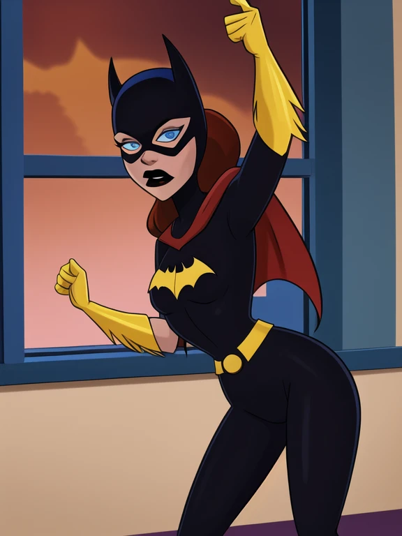 score_9, score_8_up, score_7_up, score_6_up, 1girl, solo, batgirl is exercising in gym, mask, black lips, red hair, belt, torn bodysuit, black bodysuit, sideboob, pointy breasts, cape, yellow gloves,in windowviewof gotham city, red sky, dirigible, (icy blue eyes) thin beautiful nose, 