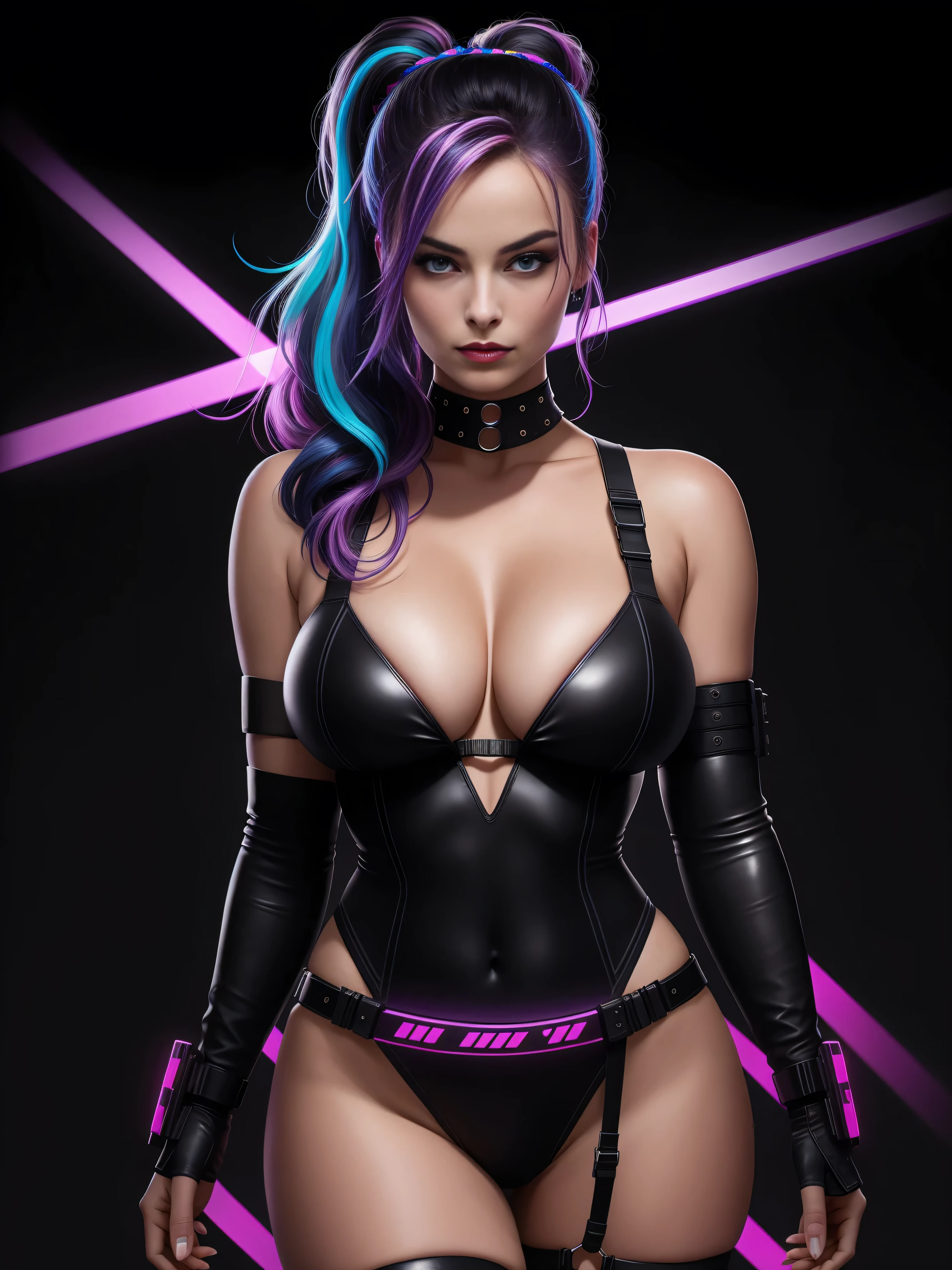 there is Margot Robbie, royal blue and bright purple neon streaked hair, hair in pony tail, 3 d neon art of a womans body, neon-noir background, cyberpunk femme fatale, seductive cyberpunk dark fantasy, cyberpunk strip clubs, cyberpunk 20 y. o model girl, oppai cyberpunk, banner, high definition cgsociety, cgsociety masterpiece, trending on cgstation, kda, random hair, looking at camera, gigantic breasts, cleavage, (high detailed skin:1.2), 8k uhd, dslr, super lighting, high quality, film grain, high res, highly detailed, hyper realistic, beautiful face, beautiful body, beautiful eyes nose lips, alluring expression, very bold, upper visible, full body photo, standing legs apart, pale translucent glowing skin, most beautiful face, cute, (well defined pubic hair:1.2)), (dark plain black background:1.4))