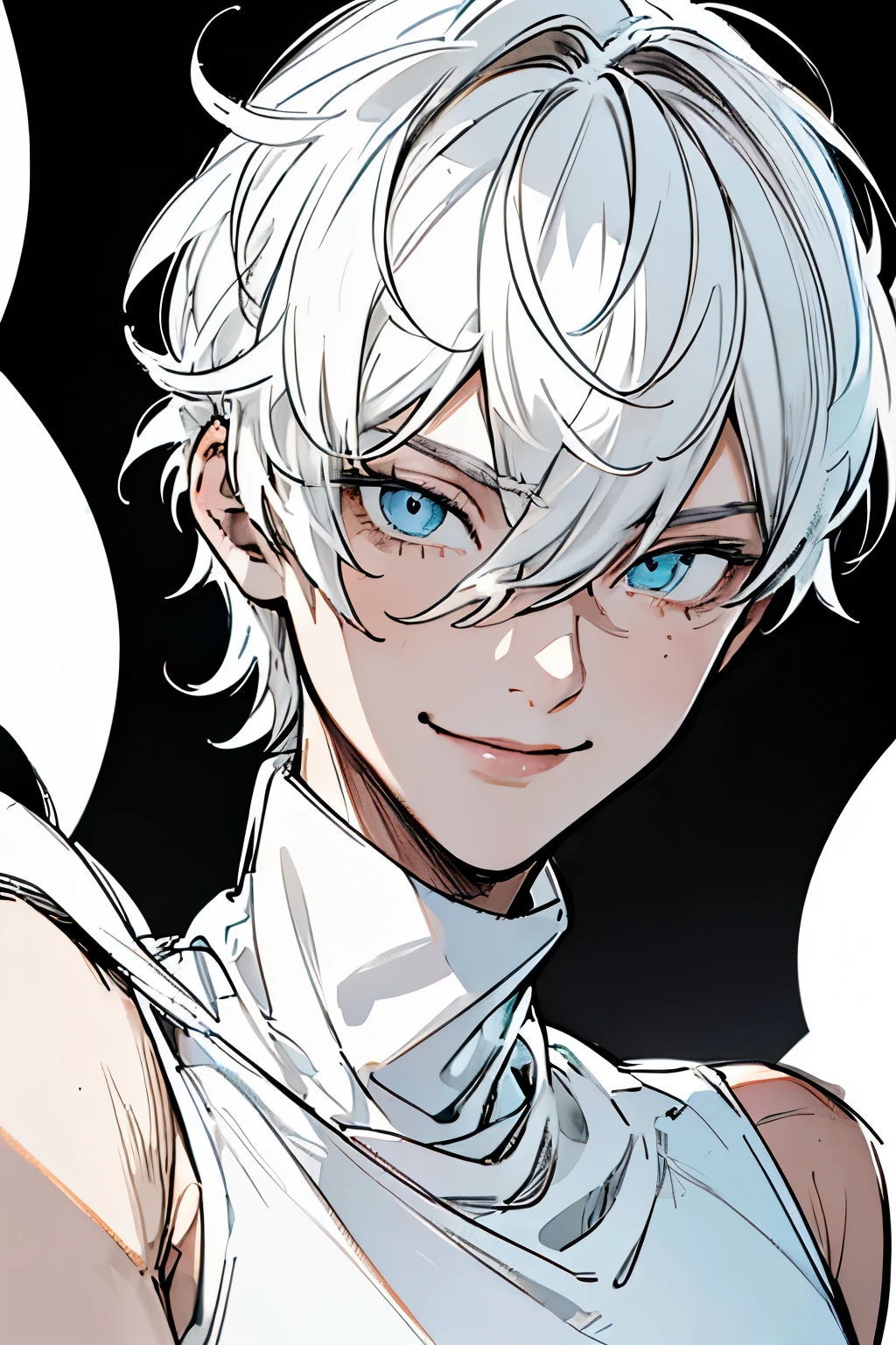 best quality, high resolution, clean background, high contrast, (((1boy:1.1))), line-drawing, sketch, ((tight medium shot))), white background, clean line drawings, (fringe hairstyle), (naughty face), smile face, (((turtleneck))), (((dark-haired)))), (Mashed Hair), ((dark-eyescolor:1.5)), white skin,