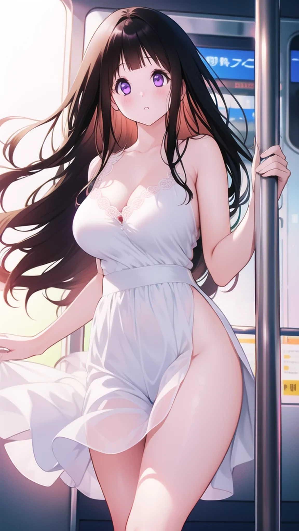 Amazing Chitanda, There is only one beautiful girl,Purple Eyes, Black Hair, Very red face,Very white skin,Glowing skin,Skin as delicate as porcelain,Naturally straight hair, Straight bangs,Extremely refined,Open lips,Long flowing hair,Beautiful Girl, Like a dream,Slim,Slim waist,Soft, (Sensual), (Kawaii), Dream quality,Beautiful big breasts,Half of the areola is exposed,white summer dress,sleeveless,Many holes in clothes,Ragged clothes,,The clothes are completely transparent,Deep V neckline,Loose neckline,Wide neckline,In the crowd,On the tram,Crowded,Wind blows up skirt,no pants,Bare shoulders,Bare neck,Exposed collarbone,Showing breasts,Show your waist,Show your buttocks,Show your thighs,Exposing the groin,No pants,extremely shy,Ultra-high resolution, (masterpiece:1.2, best quality), (Delicate and beautiful eyes: 1.2), (Beautiful and delicate face)