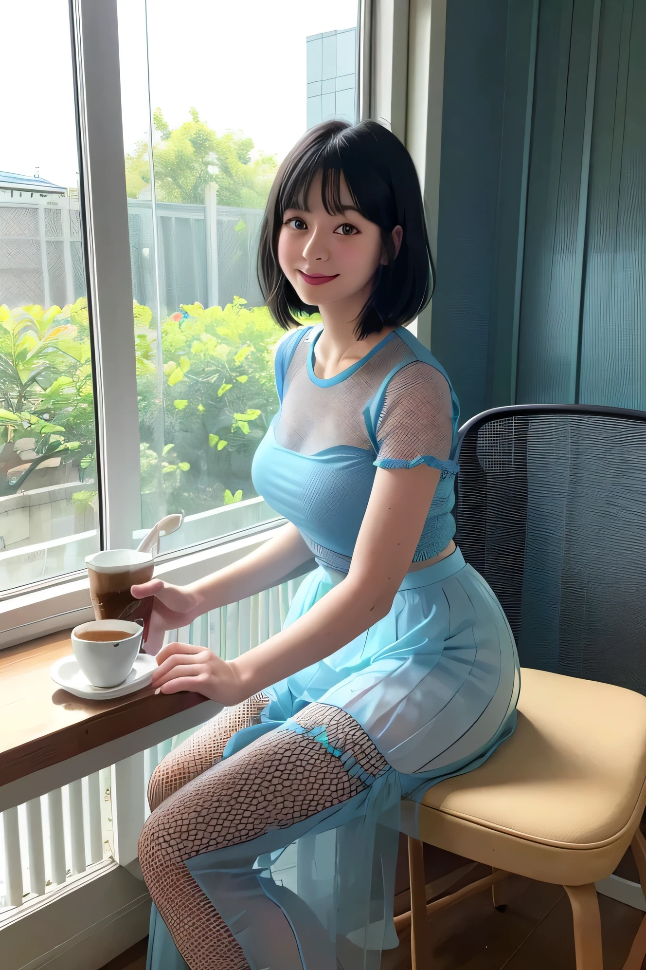 (High Definition), One Female, Japan Person, Cute, Black Hair Short, wearing Solid Frill Trim Tee & (Mesh Paneling Summer Long Skirt Baby Blue:1.2), see-through for Female, Straddling on a chair, by window at large Coffee & Sweets room, Cup of coffee on a table, Natural Light,