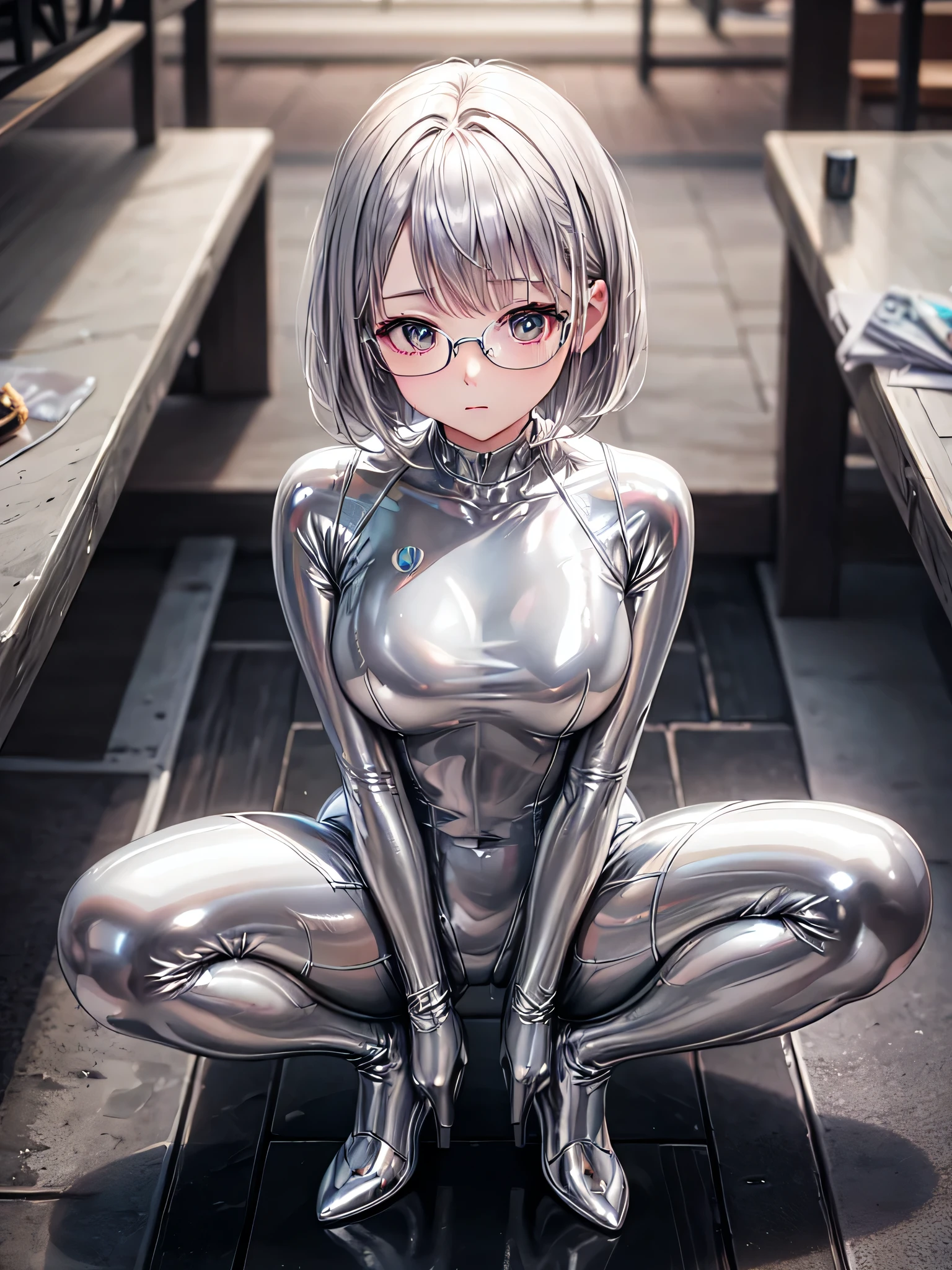 Highest quality 8K UHD、Mastepiece、Close-up、short hair、Looking down from above、Wide-open legs、Squatting with legs apart、Silver Hair、Glasses、Shiny silver tights、A beautiful woman wearing a full-body silver metallic suit、Full body silver metallic rubber suit