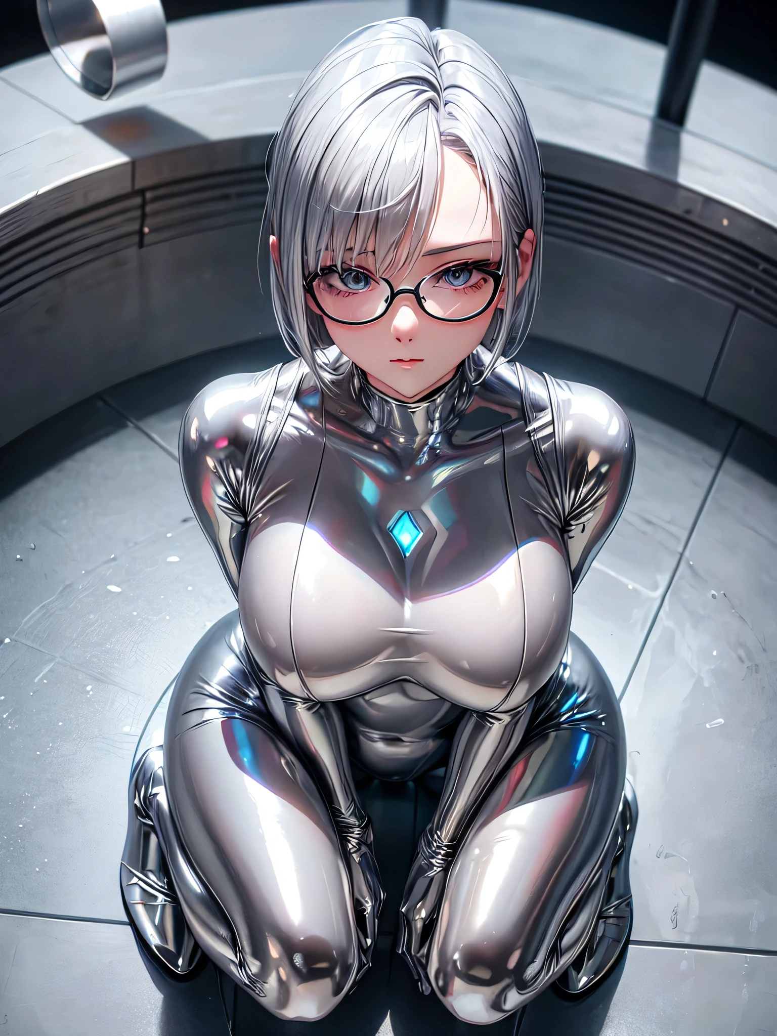 Highest quality 8K UHD、Mastepiece、Close-up、short hair、Looking down from above、Wide-open legs、Squatting with legs apart、Silver Hair、Glasses、Shiny silver tights、A beautiful woman wearing a full-body silver metallic suit、Full body silver metallic rubber suit