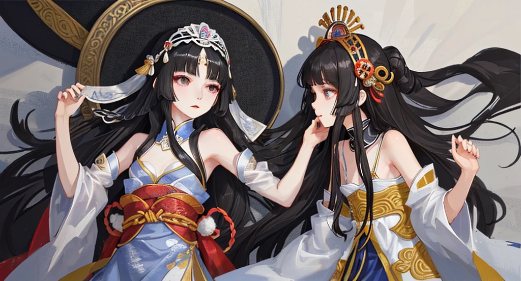 Long straight black hair, flat chest, hairpin, headdress, imperial concubine's clothing, embroidered shoes, Chinese palace