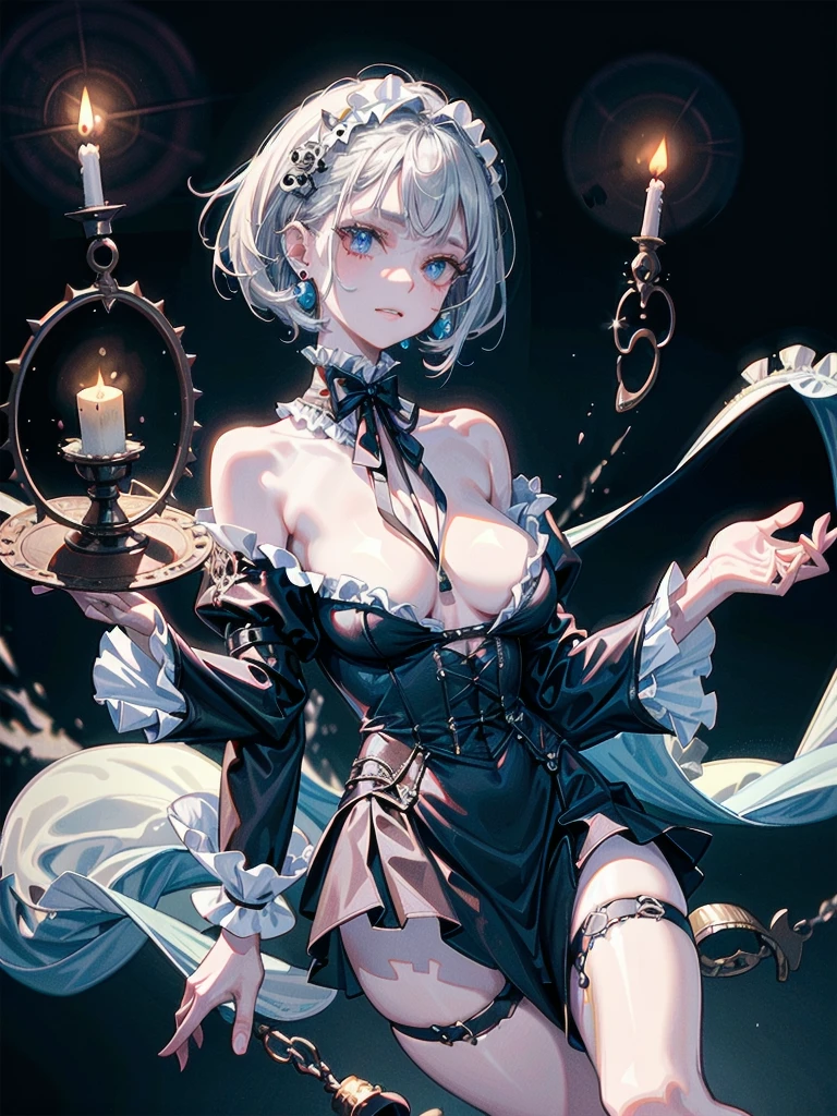 whole body, (inside basement), skirt, shirt, long sleeves, frills, evil grin, creepy, skulls, candle, hair ornament, bone, doll, tapestry, Magic Circle, horror theme, Colossal tits, absurdres, RAW photo, extremely delicate and beautiful, masterpiece, Best Quality, ultra high resolution, 32k, hyperrealistic, ultra-detailed, detailed description, pale skin, 20 years old, detailed beautiful face and eyes, tearful mole, earring, Colossal tits, short medium hair, wavy hair,