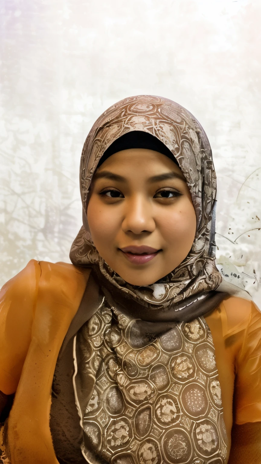 Malay girl in hijab wearing sexy lilac color satin bra and panties portrait photography, mid shot photo, ultra detail, professional photograph with professional lighting, smile, light blue studio background, sexy seducing pose, curvy