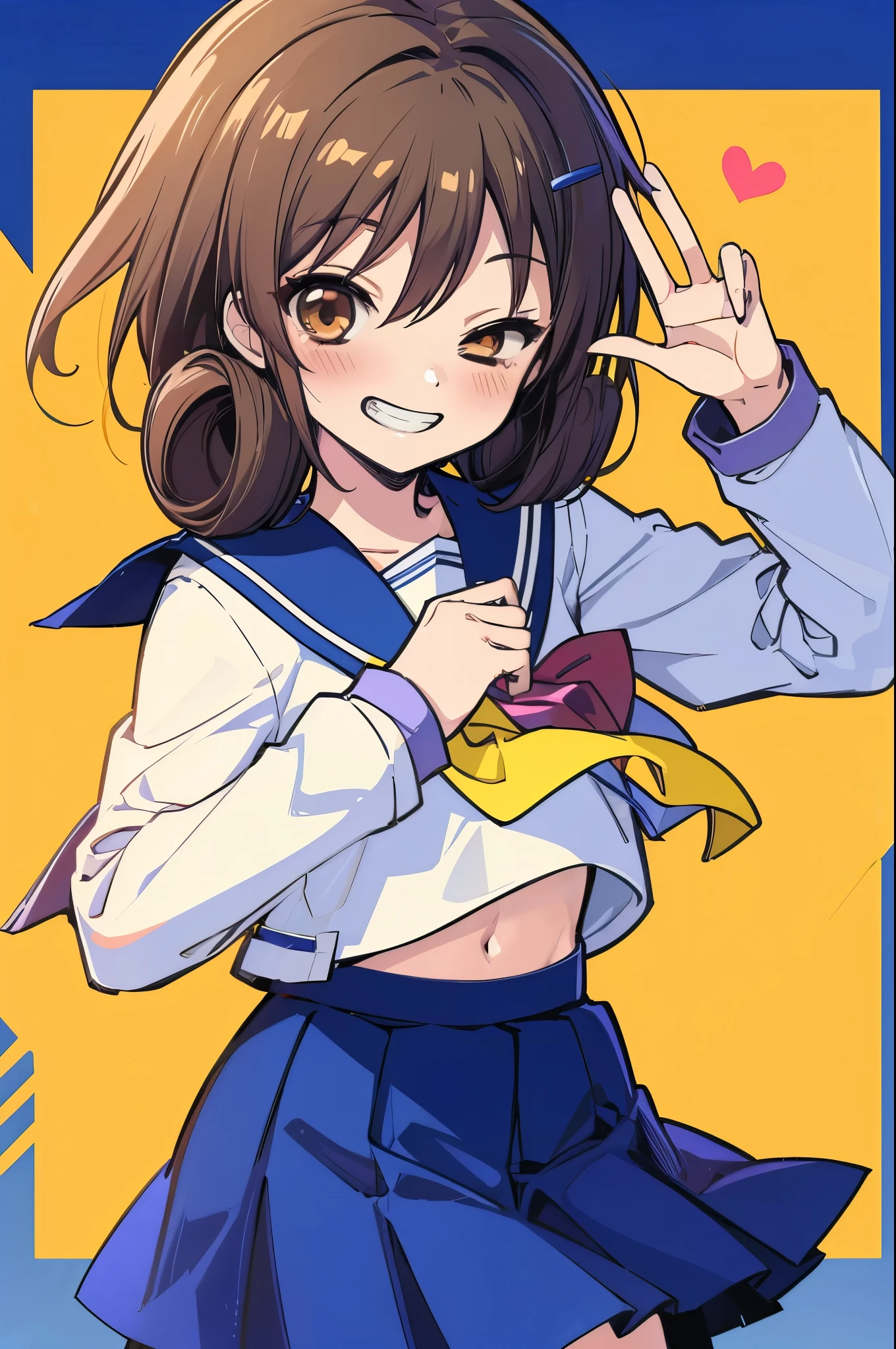 (SeikoCP), rating:safe, 1girl, smile, solo, one_eye_closed, grin, v, school_uniform, skirt, navel, serafuku, brown_eyes, brown_hair, gradient_background, blush, gradient, looking_at_viewer, hair_ornament, heart, hairclip, short_hair, neckerchief, blue_skirt, long_sleeves, black_hair, cowboy_shot, yellow_neckwear, sailor_collar, striped, midriff_peek, white_shirt