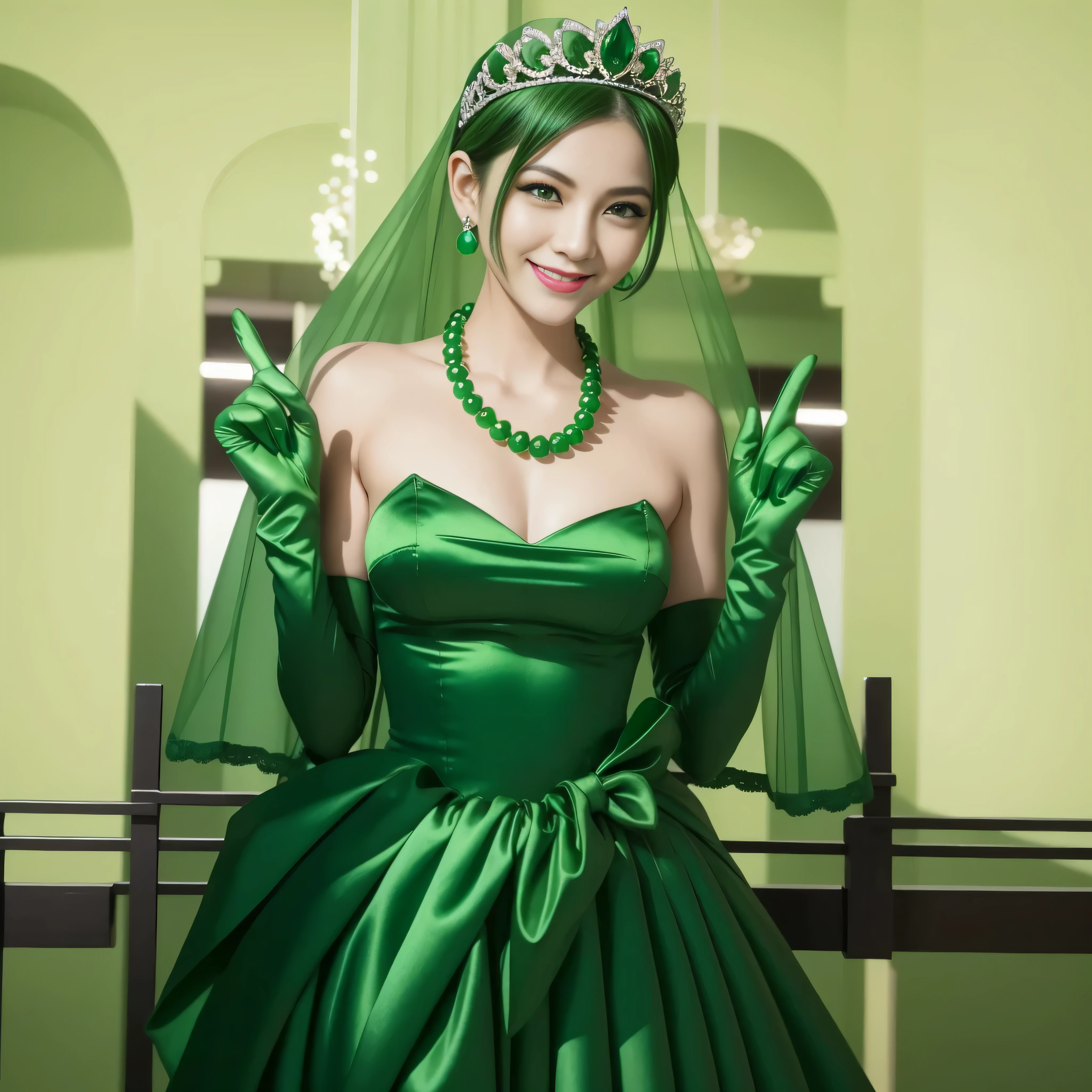 Emerald tiara, Green Pearl Necklace, Boyish very short green hair, lipstick, Smiling Japanese woman, Very short hair, Big and beautiful, Green Eyes, Long green satin gloves, Green Eyes, v sign, Emerald Earrings, Green veil