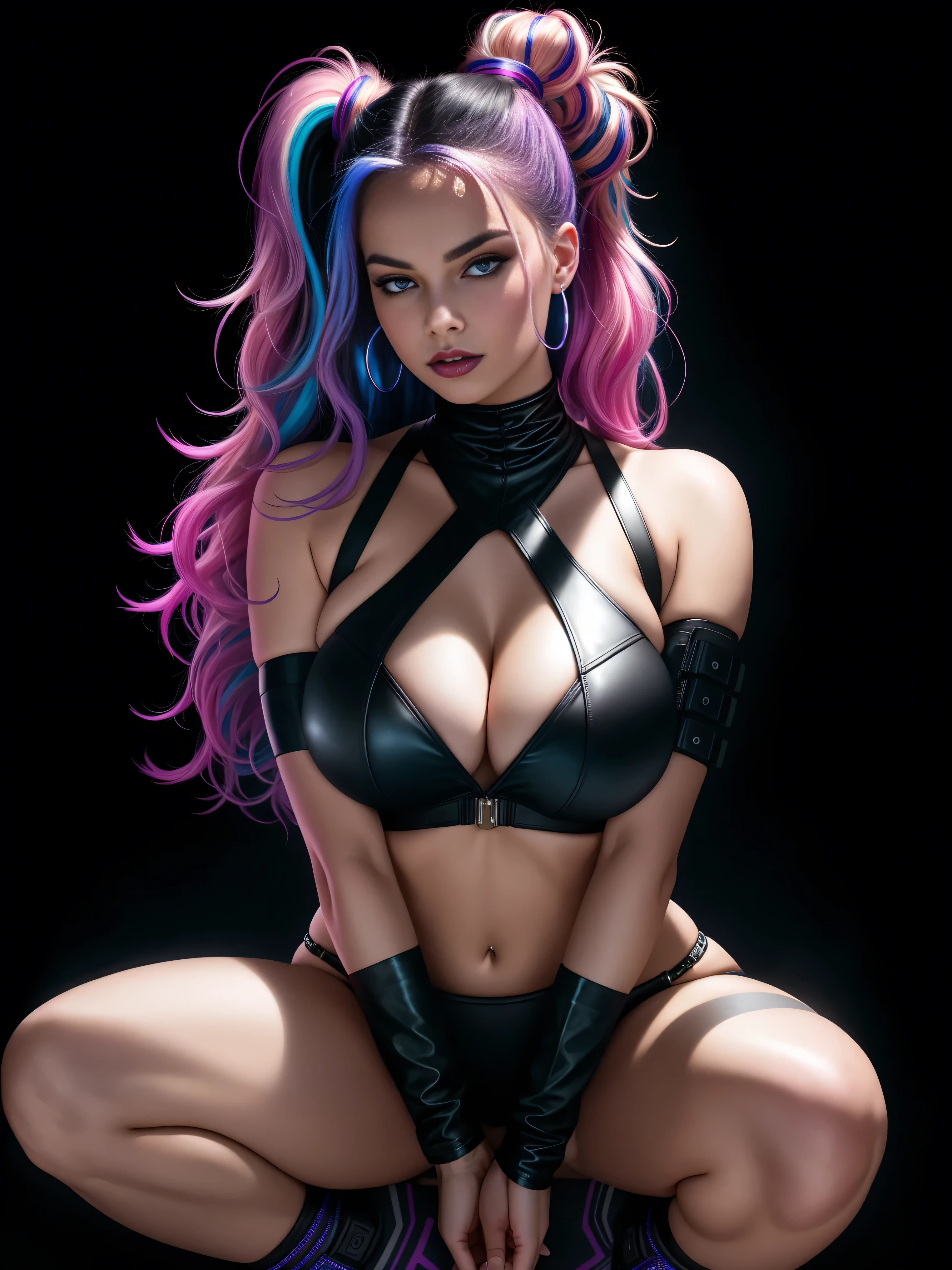 there is Margot Robbie squatting, royal blue and bright purple neon streaked hair, hair in pony tail, 3 d neon art of a womans body, neon-noir background, cyberpunk femme fatale, seductive cyberpunk dark fantasy, cyberpunk strip clubs, cyberpunk 20 y. o model girl, oppai cyberpunk, banner, high definition cgsociety, cgsociety masterpiece, trending on cgstation, kda, random hair, looking at camera, gigantic breasts, cleavage, (high detailed skin:1.2), 8k uhd, dslr, super lighting, high quality, film grain, high res, highly detailed, hyper realistic, beautiful face, beautiful body, beautiful eyes nose lips, alluring expression, very bold, upper visible, full body photo, standing legs apart, pale translucent glowing skin, most beautiful face, cute, (well defined pubic hair:1.2)), (dark plain black background:1.4))