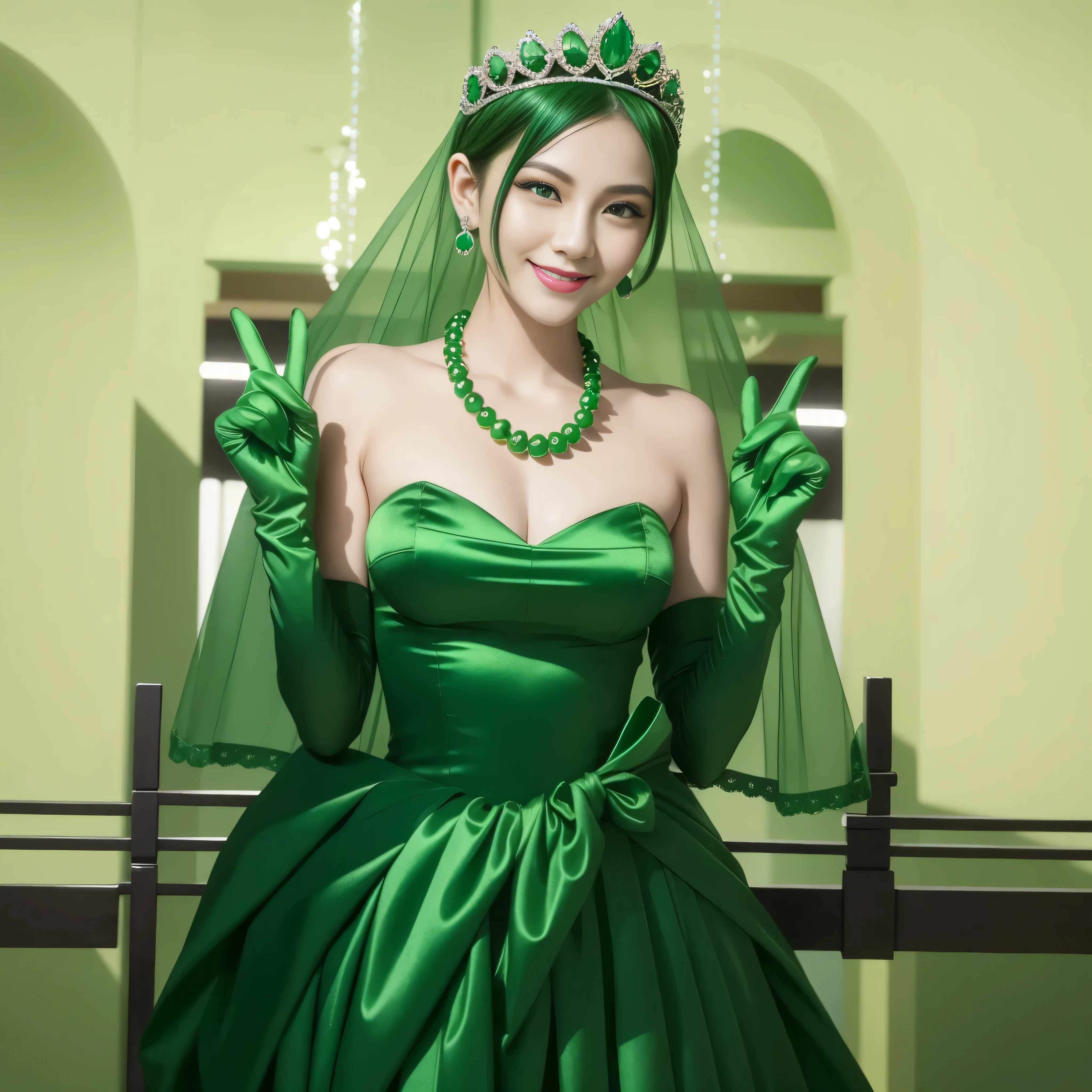 Emerald tiara, Green Pearl Necklace, Boyish very short green hair, lipstick, Smiling Japanese woman, Very short hair, Big and beautiful, Green Eyes, Long green satin gloves, Green Eyes, v sign, Emerald Earrings, Green veil