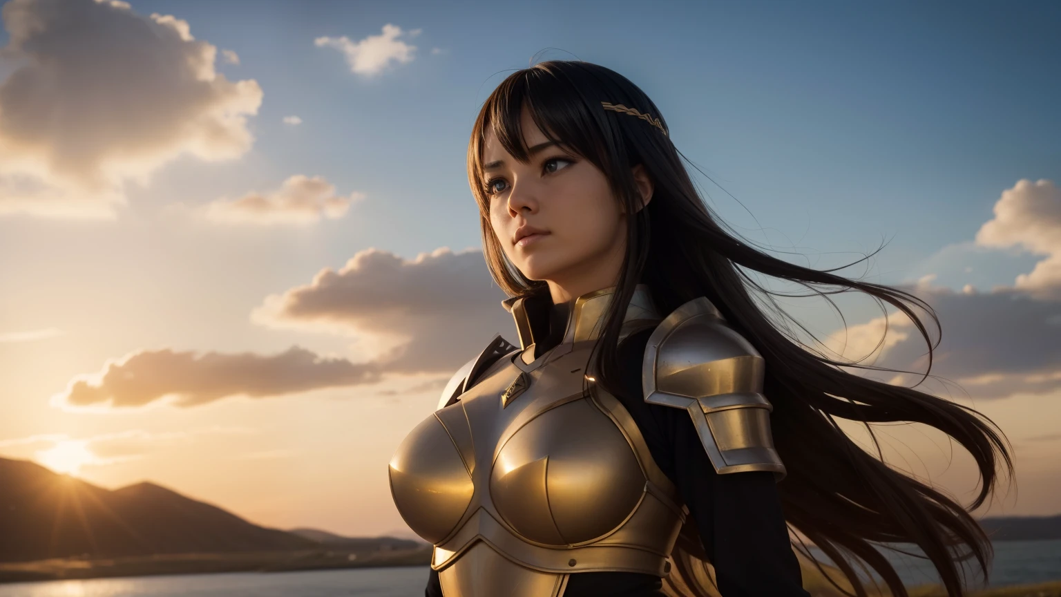 "Step into the world of Konosuba and envision a realistic portrayal of Lalatina, better known as Darkness. Imagine her standing amidst a vast, open field, the golden hues of the sunset casting a warm glow upon her armor-clad figure. Her posture is upright, yet there's a subtle tension in her stance, hinting at a readiness for battle. The intricate details of her armor catch the light, reflecting a sense of resilience and strength. But it's her eyes that draw you in – deep pools of determination, tinged with a hint of vulnerability. As the wind tousles her hair, strands of it dance gently around her face, framing features that speak of both nobility and earnestness. Despite the armor, there's a softness to her expression, a kindness that belies her warrior exterior. In the distance, the faint sounds of nature mingle with the rustle of leaves, creating a serene backdrop to this moment of introspection. You can almost feel the weight of her convictions, the inner conflict between duty and desire, as she gazes into the horizon with unwavering resolve. This portrayal captures Lalatina in a raw, authentic light, transcending the boundaries of animation to evoke a sense of realism and depth to her character." beatiful girl, perfect body, perfect face, perfect eyes, super fine body, super fine eyes, super fine face, perfect mouth, super fine mouth.