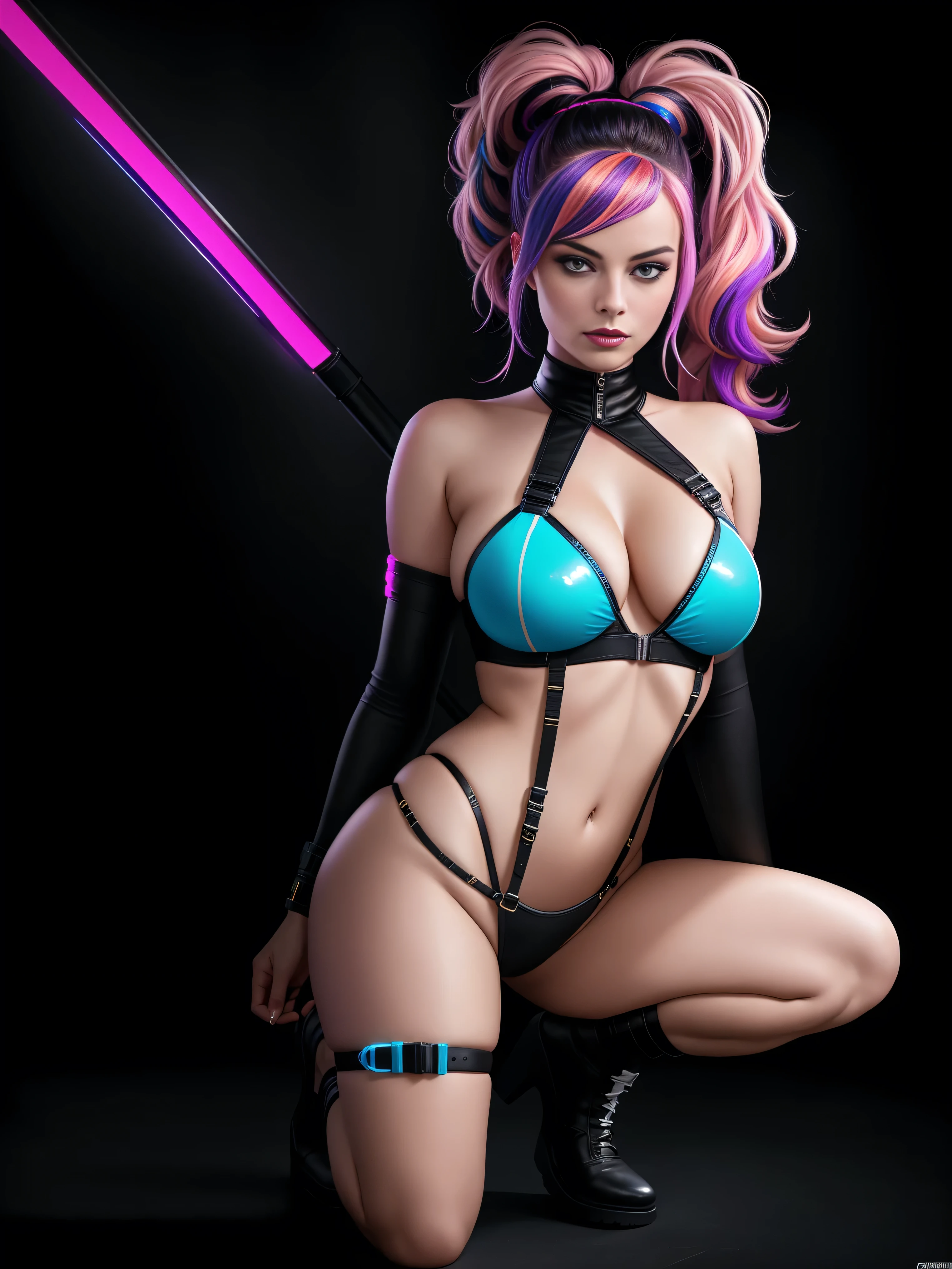there is Margot Robbie squatting, royal blue and bright purple neon streaked hair, hair in pony tail, 3 d neon art of a womans body, neon-noir background, cyberpunk femme fatale, seductive cyberpunk dark fantasy, cyberpunk strip clubs, cyberpunk 20 y. o model girl, oppai cyberpunk, banner, high definition cgsociety, cgsociety masterpiece, trending on cgstation, kda, random hair, looking at camera, gigantic breasts, cleavage, (high detailed skin:1.2), 8k uhd, dslr, super lighting, high quality, film grain, high res, highly detailed, hyper realistic, beautiful face, beautiful body, beautiful eyes nose lips, alluring expression, very bold, upper visible, full body photo, standing legs apart, pale translucent glowing skin, most beautiful face, cute, (well defined pubic hair:1.2)), (dark plain black background:1.4))