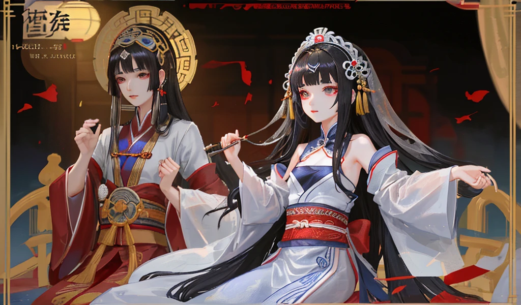 Long straight black hair, flat chest, hairpin, headdress, imperial concubine's clothing, embroidered shoes, Chinese palace