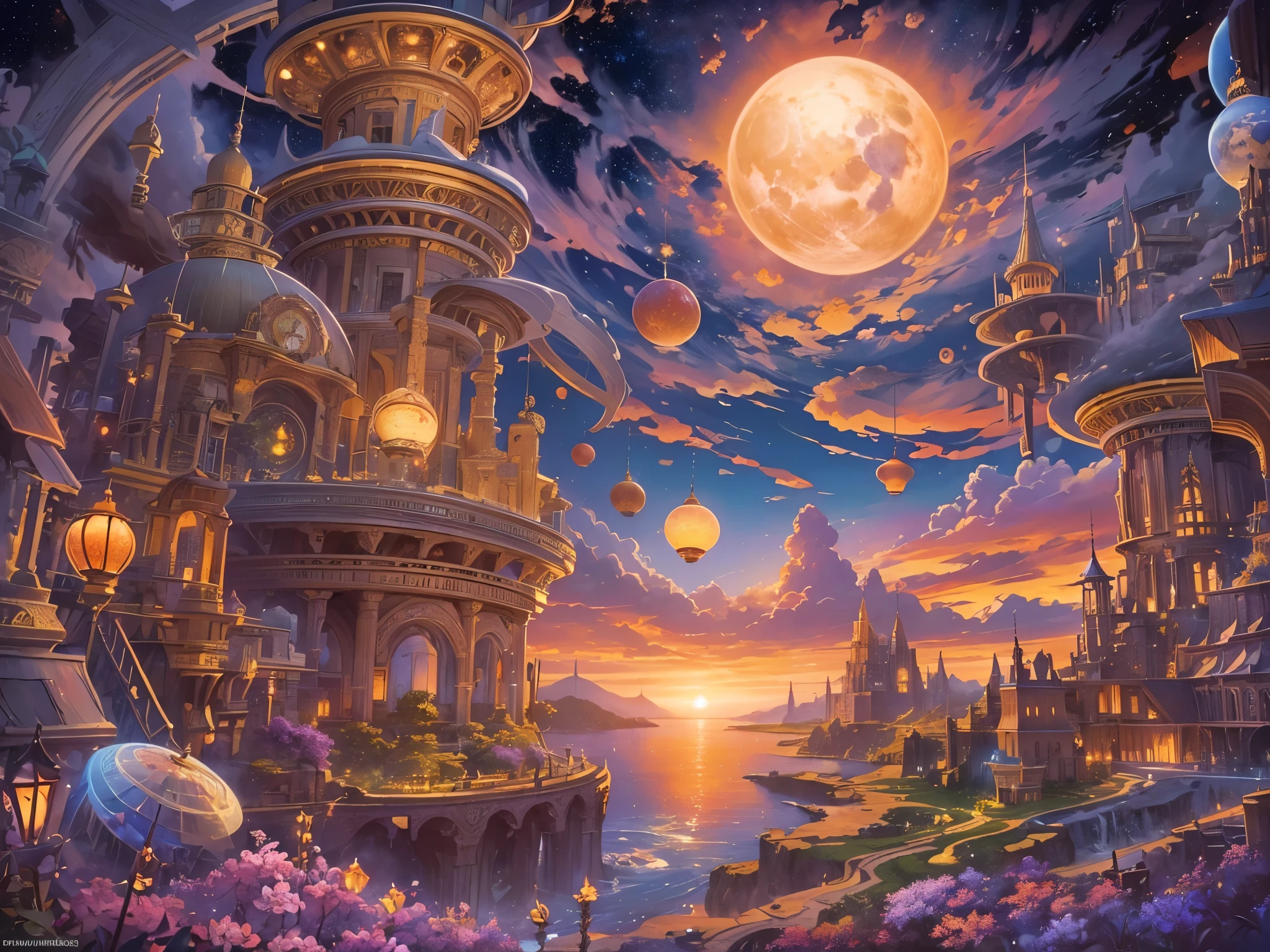 ((highest quality)),(Ultra-high resolution),(Super detailed new),(Detailed Description),((The best CG)),(A masterpiece),Ultra-detailed art,A wonderful new art form,(Fantasy art with intricate detail:1.5), Asahi, Sunset, time, star