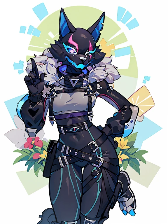 full body, Wide Shot, Furry, furry woman, woman, Closed left eye, Abdominal muscles, Fortnite_Highwire, Wolf Version, (Wolf Mask:1.2),  Straps, Catsuit, Croptop, Brooch, Long Sleeves, Gauntlets, Hip Belt, Hip Holster, Skintight Pants, Fur Collar, Shin Guard, Belt, Boots, Gloves,