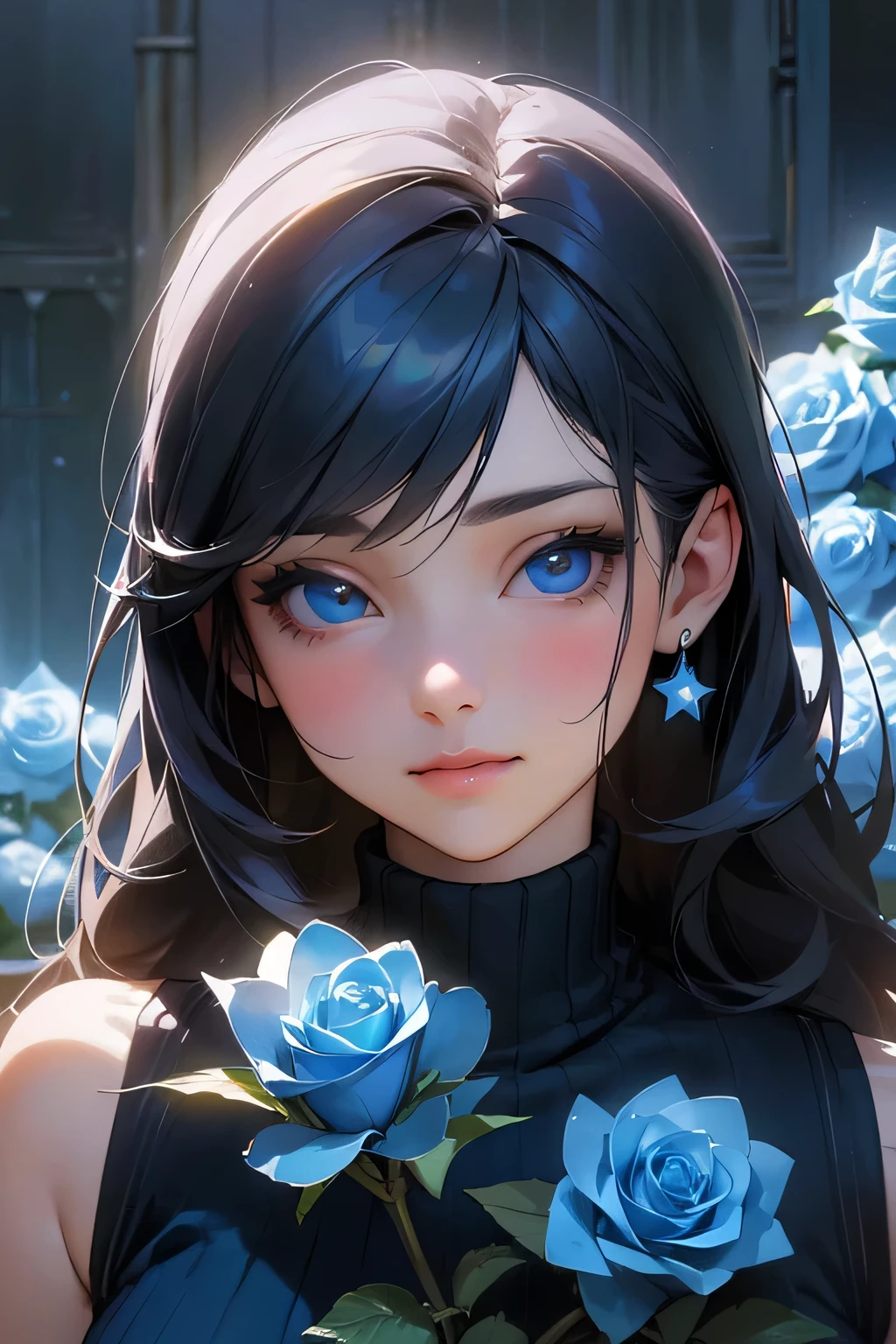 masterpiece, top quality, super detailed, high resolution, (realistic, photorealistic:1.37), excellent anatomy, 1 beautiful woman, 8k, skin radiance, texture of skin and clothing, expression of fine eyes, shiny black hair, long hair, detailed manga style, manga art style, digital manga art girl, beautiful blue eyes, fuller lips, gorgeous face with attention to detail, (cute smile), charm, innocent, (perfectly detailed face), written boundary depth, half-up hairstyle, (dark blue turtleneck sleeveless knit), pencil skirt, corolla, cloud, empty, night, star, garden, rose, the skin is delicate, blue rose is blooming in front of the building, rose background, rosette, beautiful flower garden, pastel roses, blue flower, beautifully, aesthetic, heavenly blue, beautiful aesthetics, pale blue shade, shades of blue, lying on the roses, rose background, pastel overflow, blue rose, best light, best shadow, mysterious, perfect face, highly detailed,