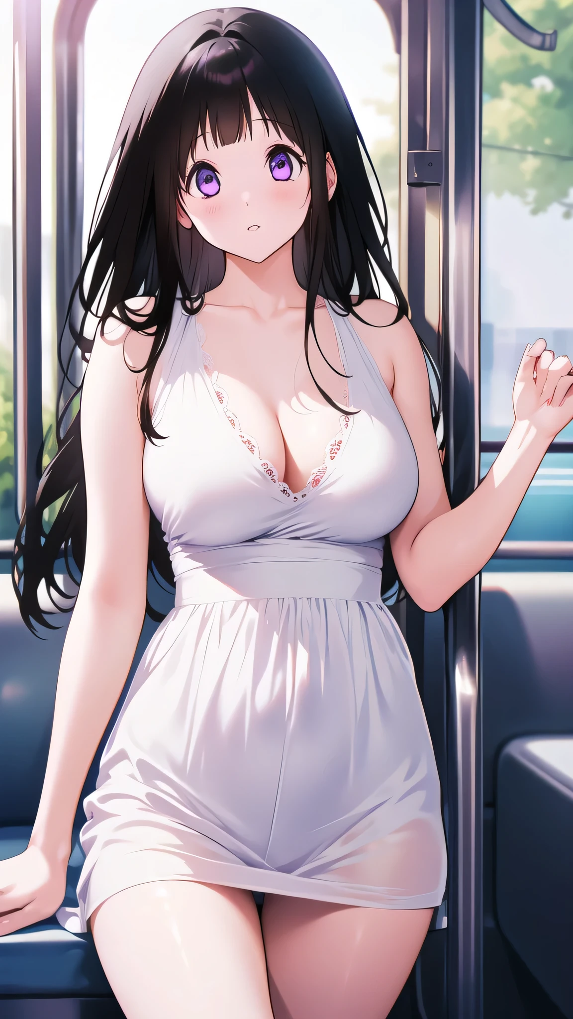 Amazing Chitanda, There is only one beautiful girl,Purple Eyes, Black Hair, Very red face,Very white skin,Glowing skin,Skin as delicate as porcelain,Naturally straight hair, Straight bangs,Extremely refined,Open lips,Long flowing hair,Beautiful Girl, Like a dream,Slim,Slim waist,Soft, (Sensual), (Kawaii), Dream quality,Beautiful big breasts,Half of the areola is exposed,white summer dress,sleeveless,Many holes in clothes,Ragged clothes,,The clothes are completely transparent,Deep V neckline,Loose neckline,Wide neckline,In the crowd,On the tram,Crowded,Wind blows up skirt,no pants,Bare shoulders,Bare neck,Exposed collarbone,Showing breasts,Show your waist,Show your buttocks,Show your thighs,Exposing the groin,No pants,extremely shy,Ultra-high resolution, (masterpiece:1.2, best quality), (Delicate and beautiful eyes: 1.2), (Beautiful and delicate face)