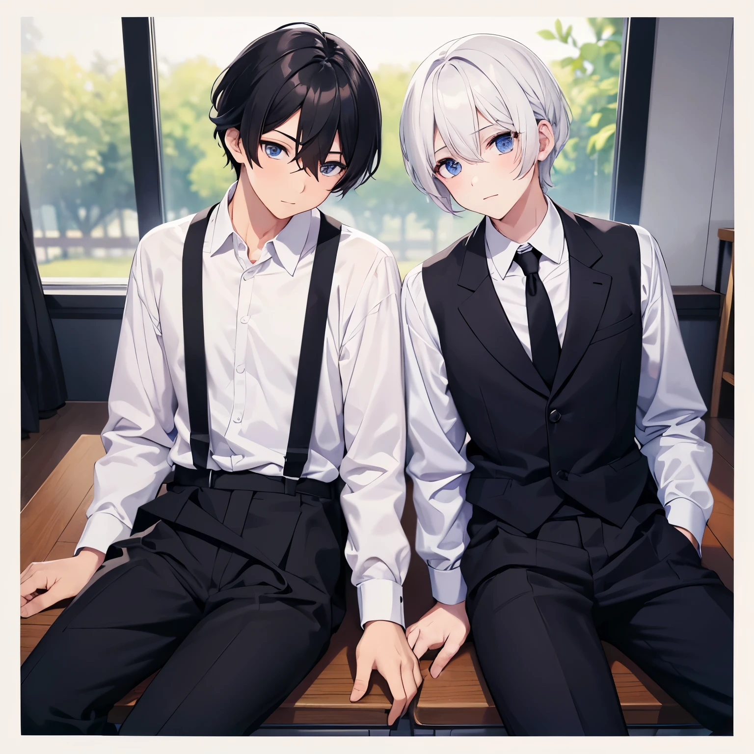 Two boys, sitting at school, white shirts, black trousers, black ties, different hairstyles, different hair colors, different hair lengths, different eye colors,Looking at each other,Holding polaroid photos
