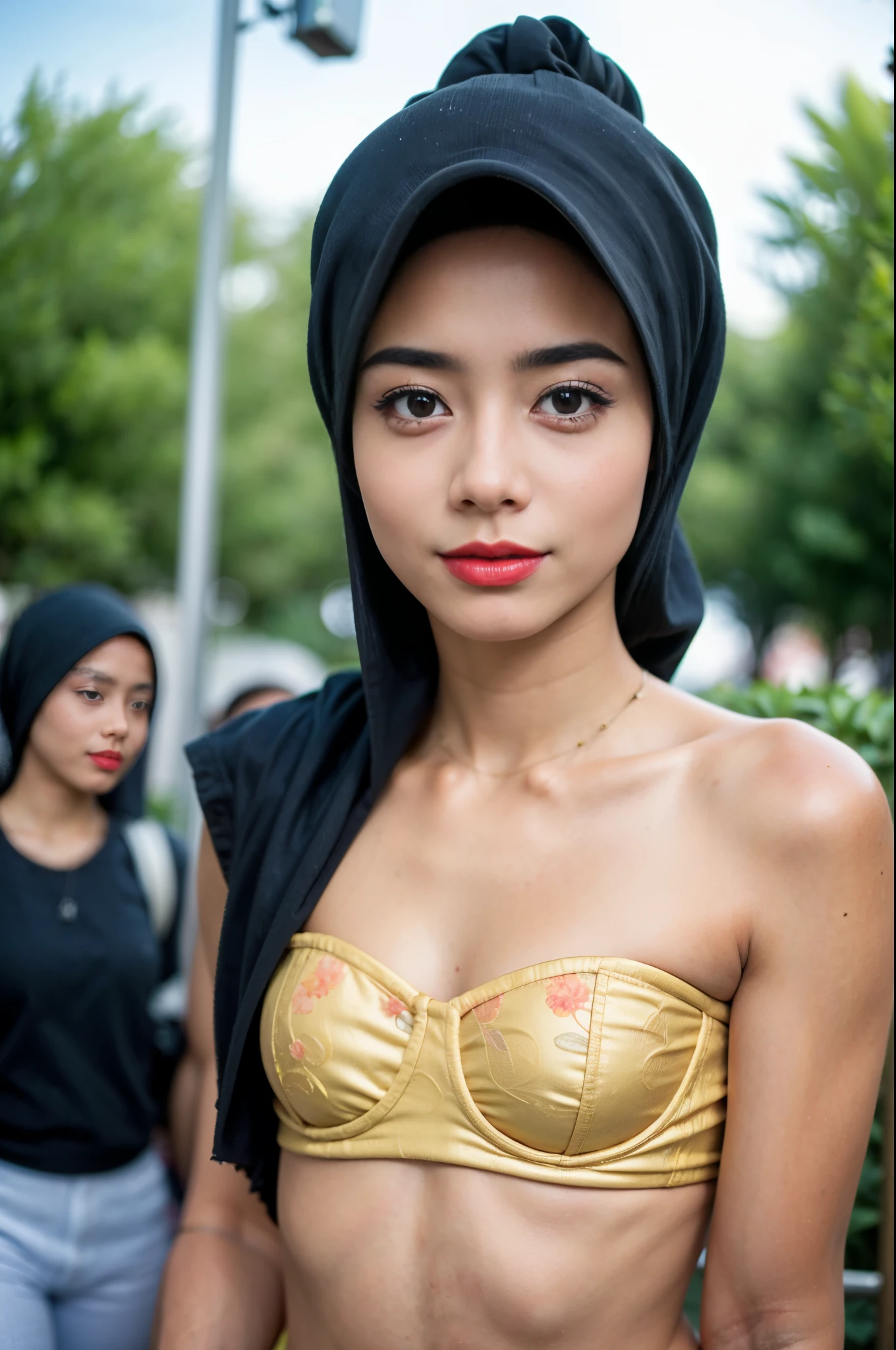 Coats Thin girl ((thick lips:1.4)), Lace, (Happy smile), (((HIJAB MALAY GIRL))), masutepiece, High quality, UHD 32K, Realistic face, Realistic skin feeling , A Japanese Lady, 8 , , Very cute and baby-like face, (((FLAT CHEST))), (Night time at forest), ((look In front at the camera and SADNESS)), (((FLUORESCENCE))), (((CUTE GIRL))), ((RED & YELLOW LIPS)), ((Floral Pattern)) little wearing strapless bra, strapless colorful bra, tired walking in the middle of the city looking for friends is not easy, (((BOKEH BACKGROUND)))