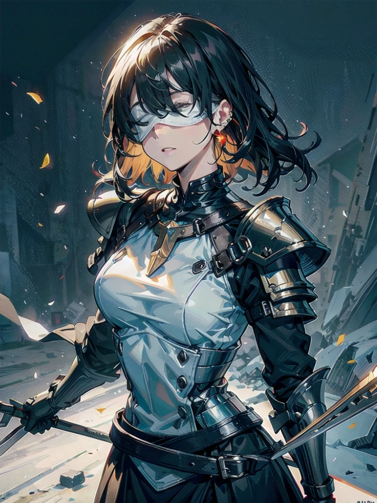 whole body, ((black blindfold)), holy paladin, spear, dark Heavy armor, absurdres, RAW photo, extremely delicate and beautiful, masterpiece, Best Quality, ultra high resolution, 32k, hyperrealistic, ultra-detailed, detailed description, pale skin, 20 years old, tearful mole, earring, Colossal tits, short medium hair, wavy hair, 