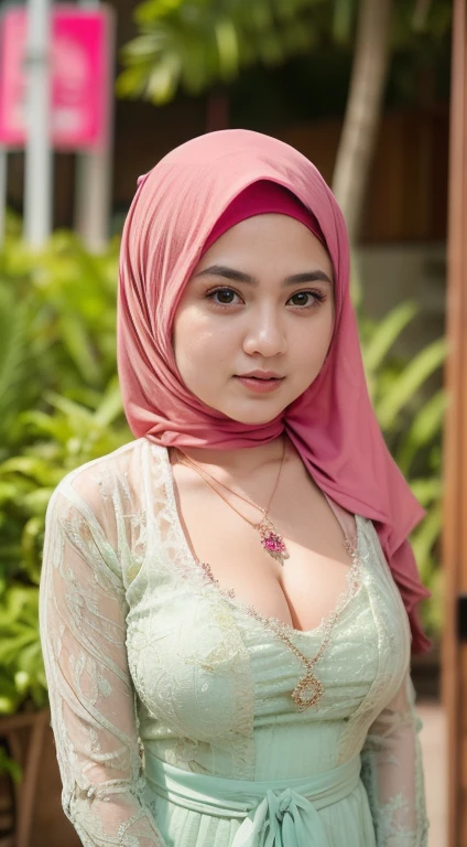 1 malay girl , modern plain hijab,  shy, medium portrait shot , watery  eyes ,droopy eyes, watery, lip glossy, sad face, big rounded breast, cleavage cutout,wear java wedding woman in kebaya , luxurious necklace, bracelet, lipstick, makeup, grooming, eyelashes, flower garden background, bokeh background, proportional body,