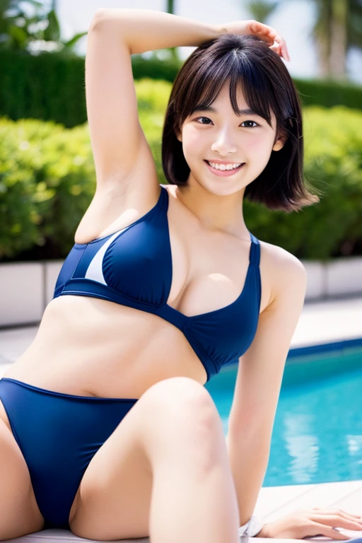 Ultra-high resolution,photograph,highest quality,photographのようなhighest quality,Japanese,Beauty,22 years old,Beautiful Face,Smiling face,Beautiful Hair,Fair skin,Beautiful legs,thigh,Beautiful Armpits,Raising his arms,Navy blue swimsuit,Swimming Club,Exposing beautiful breasts