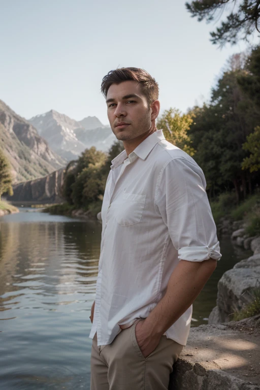 A 30s male posing to a camera facing mountains and river. Posing persons attire should be very casual with richness touch and facial features sloghtly round
