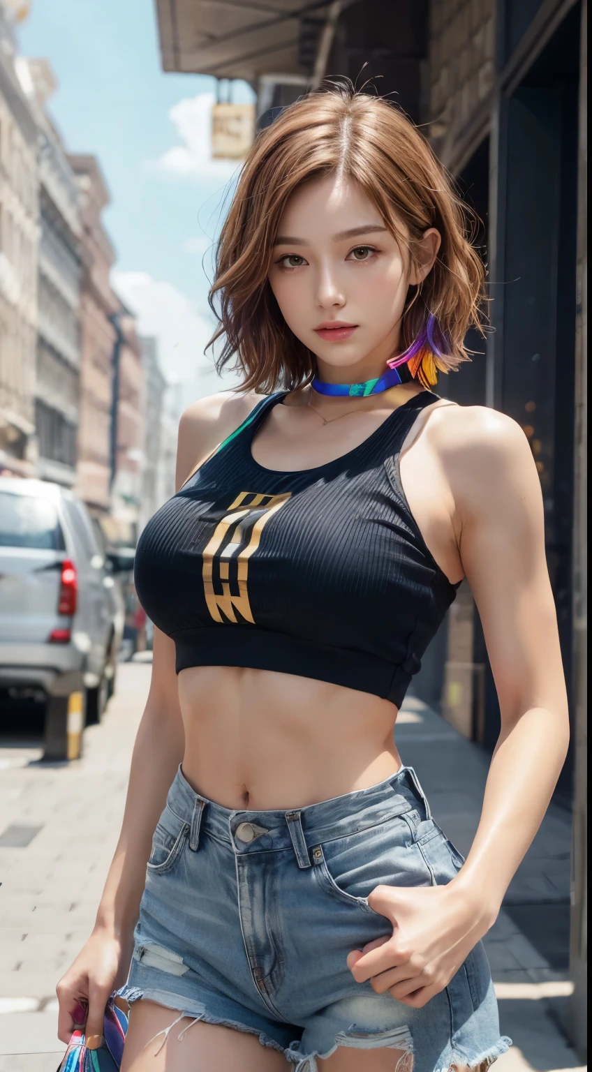 ((Mid-chest, Tomboy,)),  (Trained abdominal muscles : 1.1), (Perfect body : 1.1), (Short Wavy Hair : 1.2) , Auburn Hair, collar, Lock, Full Body Shot, Crowded street, Wearing a tank top, Jeans jacket, (Torn clothes:1.3)((Shorts)), (Very detailed CG 8k 壁紙), (Very delicate and beautiful), (masterpiece), (highest quality:1.0), (ultra High resolution:1.0),  Beautiful lighting ,Perfect Lightning, Realistic Shadows, [High resolution], Detailed skin, Very detailed (((colorful))),High Reality,